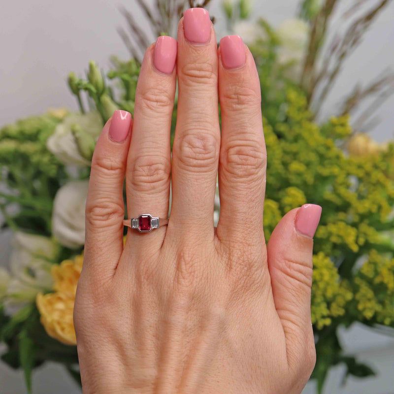 Ellibelle Jewellery Vintage Emerald-Cut Ruby & Baguette Diamond 18ct White Gold Three-Stone Ring