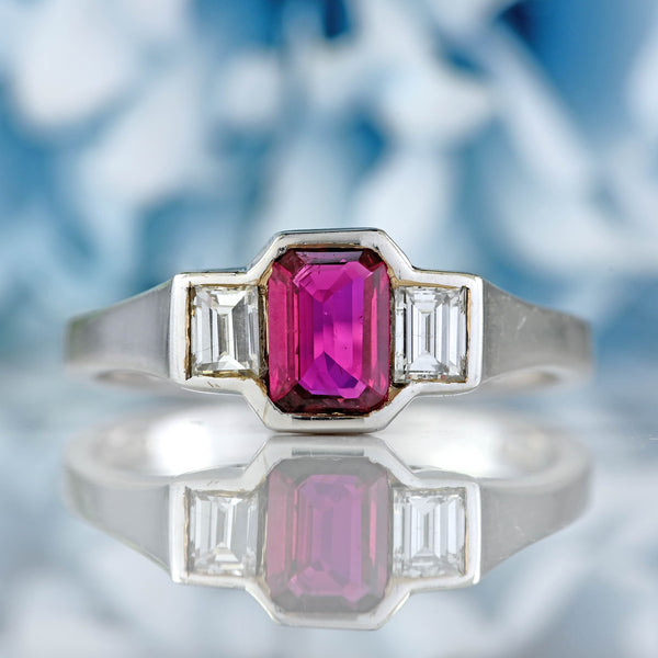 Ellibelle Jewellery Vintage Emerald-Cut Ruby & Baguette Diamond 18ct White Gold Three-Stone Ring