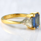 Ellibelle Jewellery Vintage Emerald-Cut Sapphire & Trillion-Cut Diamond 18ct Gold Three-Stone Ring