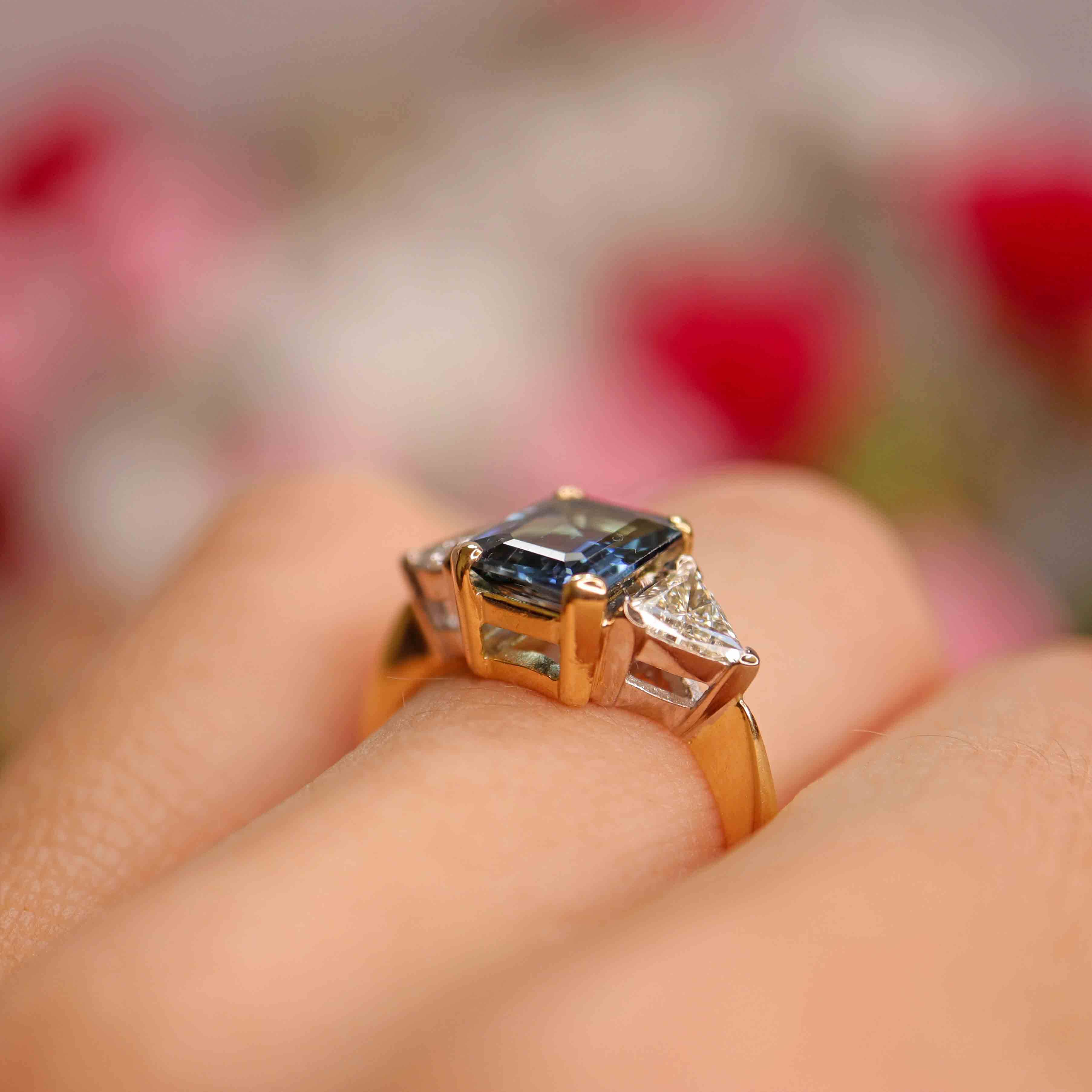 Ellibelle Jewellery Vintage Emerald-Cut Sapphire & Trillion-Cut Diamond 18ct Gold Three-Stone Ring