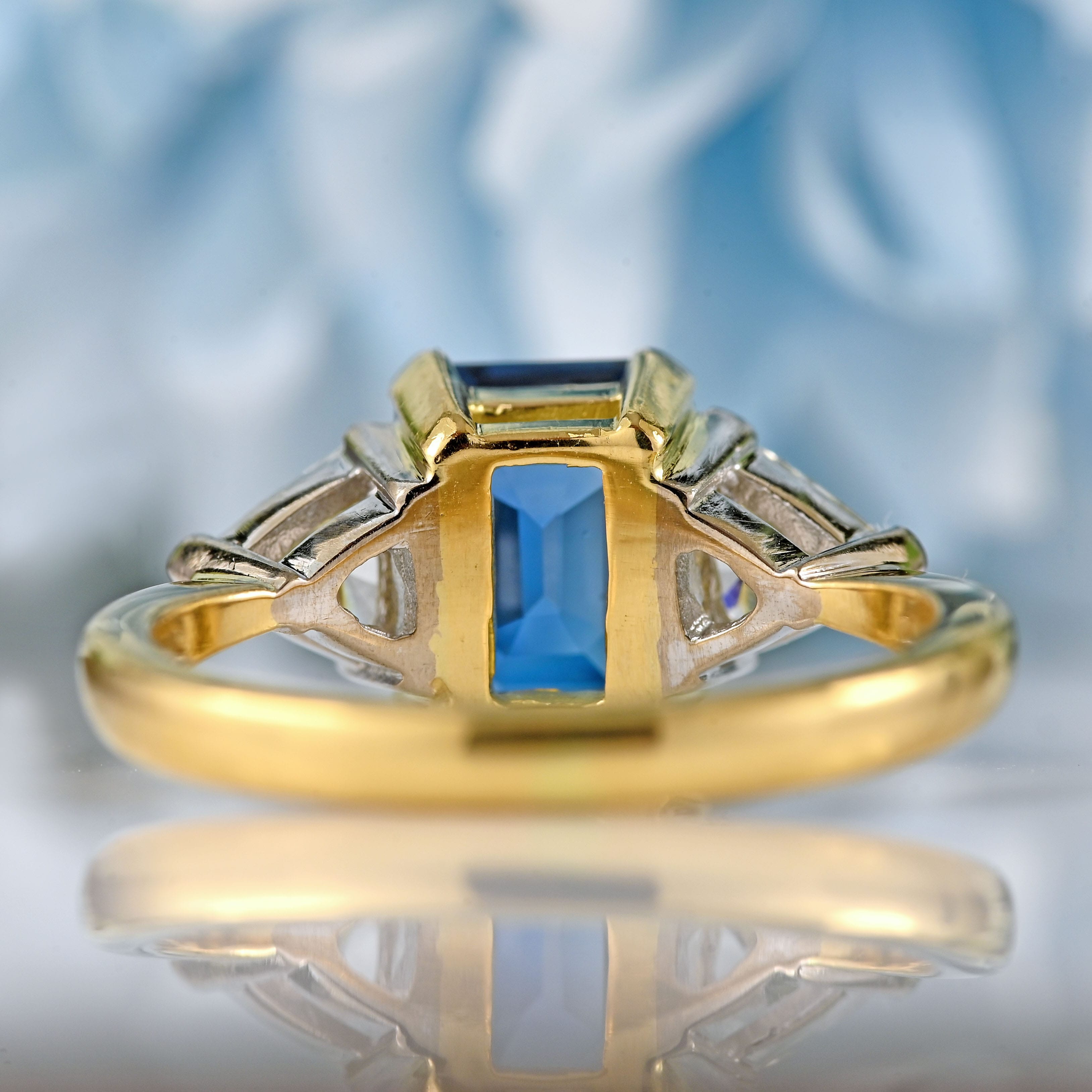 Ellibelle Jewellery Vintage Emerald-Cut Sapphire & Trillion-Cut Diamond 18ct Gold Three-Stone Ring