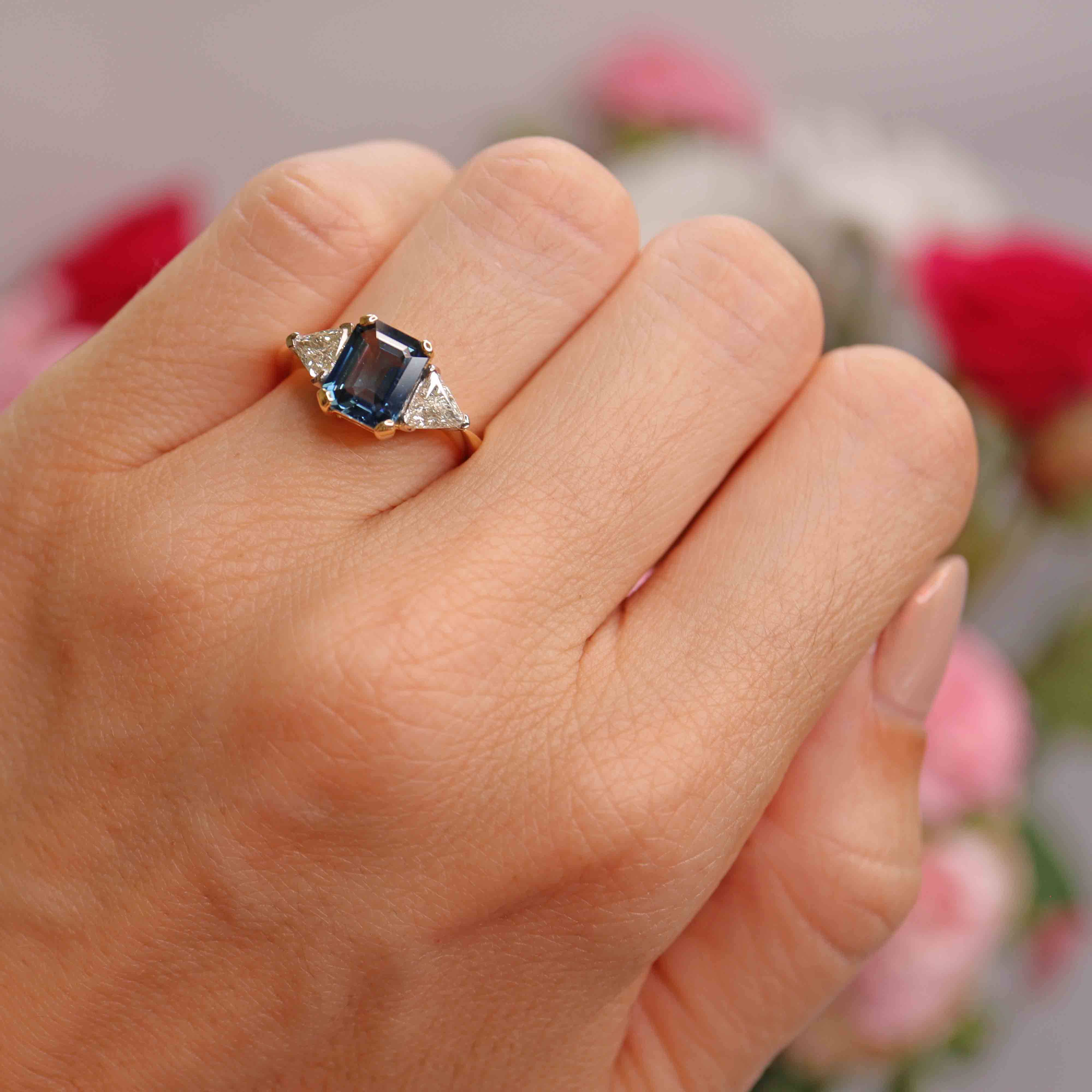 Ellibelle Jewellery Vintage Emerald-Cut Sapphire & Trillion-Cut Diamond 18ct Gold Three-Stone Ring