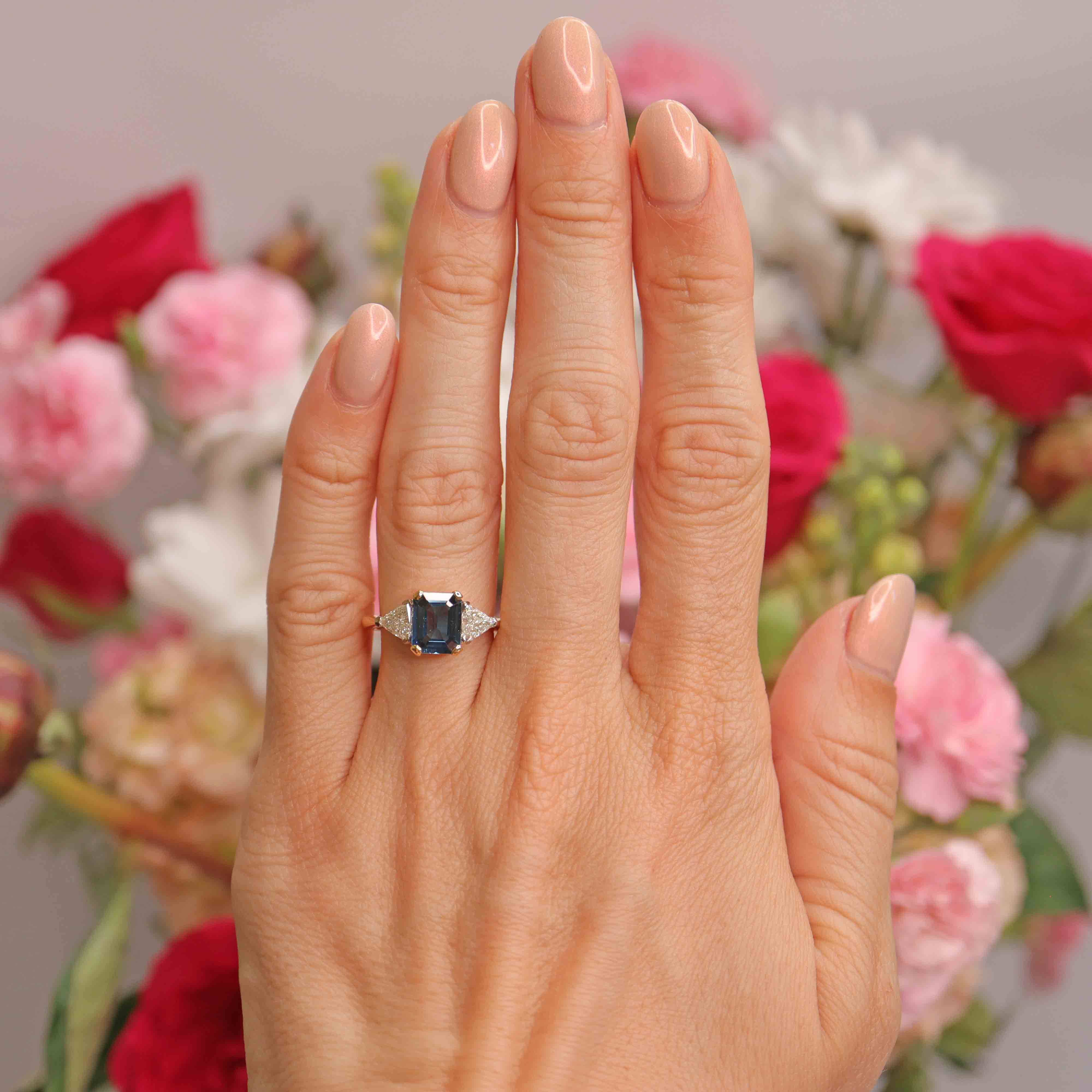 Ellibelle Jewellery Vintage Emerald-Cut Sapphire & Trillion-Cut Diamond 18ct Gold Three-Stone Ring