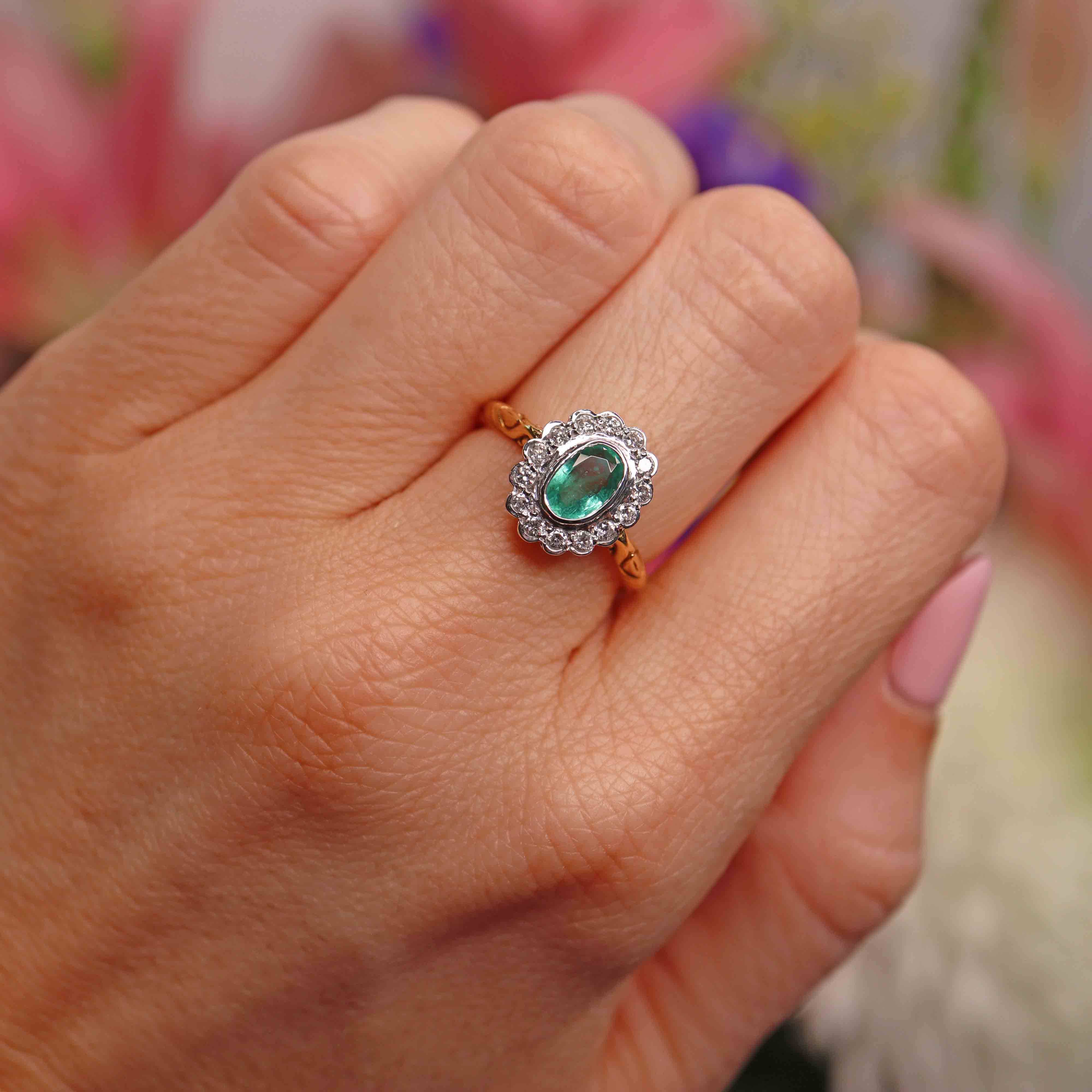 Ellibelle Jewellery Vintage Emerald & Diamond 18ct Gold Bezel-Set Oval Cluster Ring