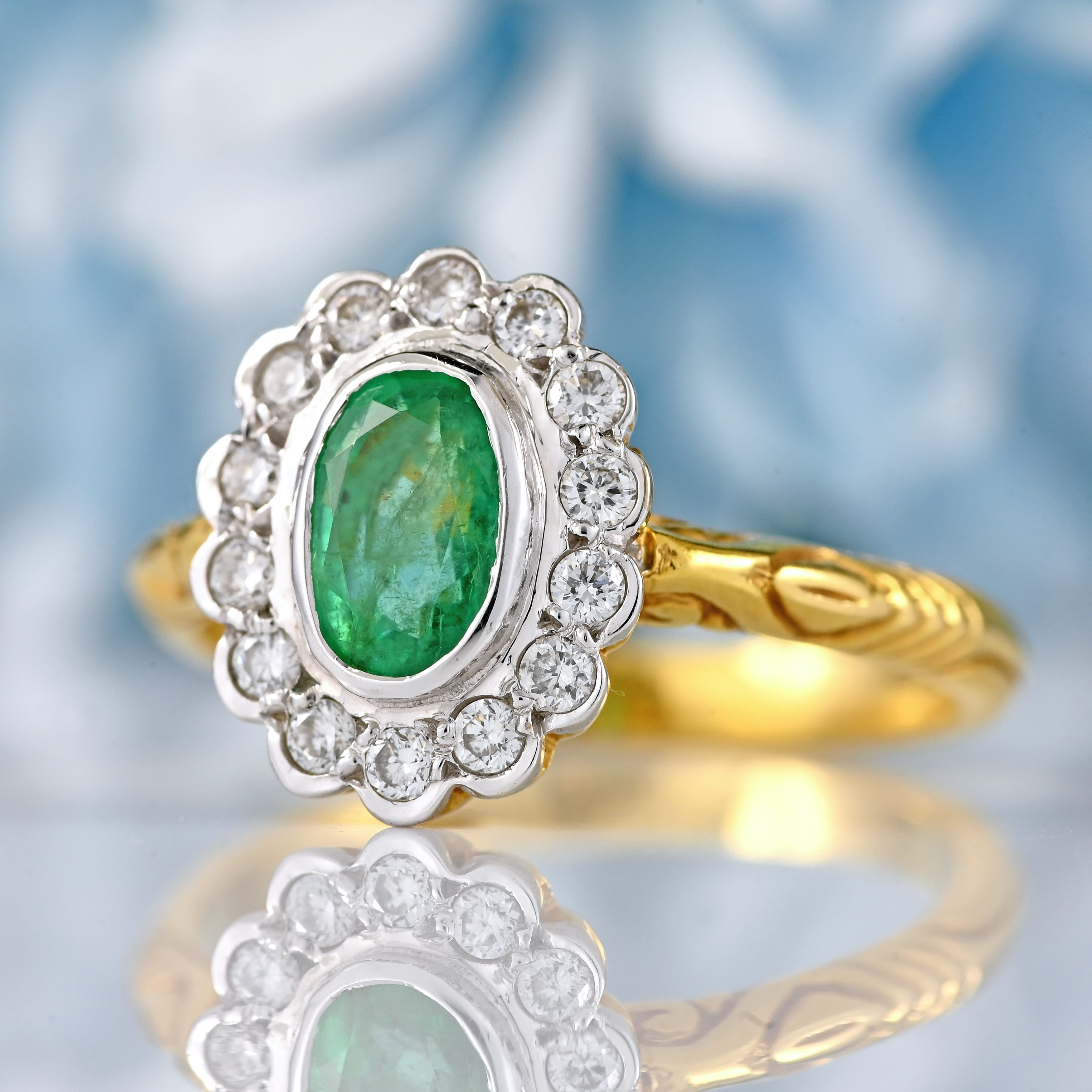 Ellibelle Jewellery Vintage Emerald & Diamond 18ct Gold Bezel-Set Oval Cluster Ring