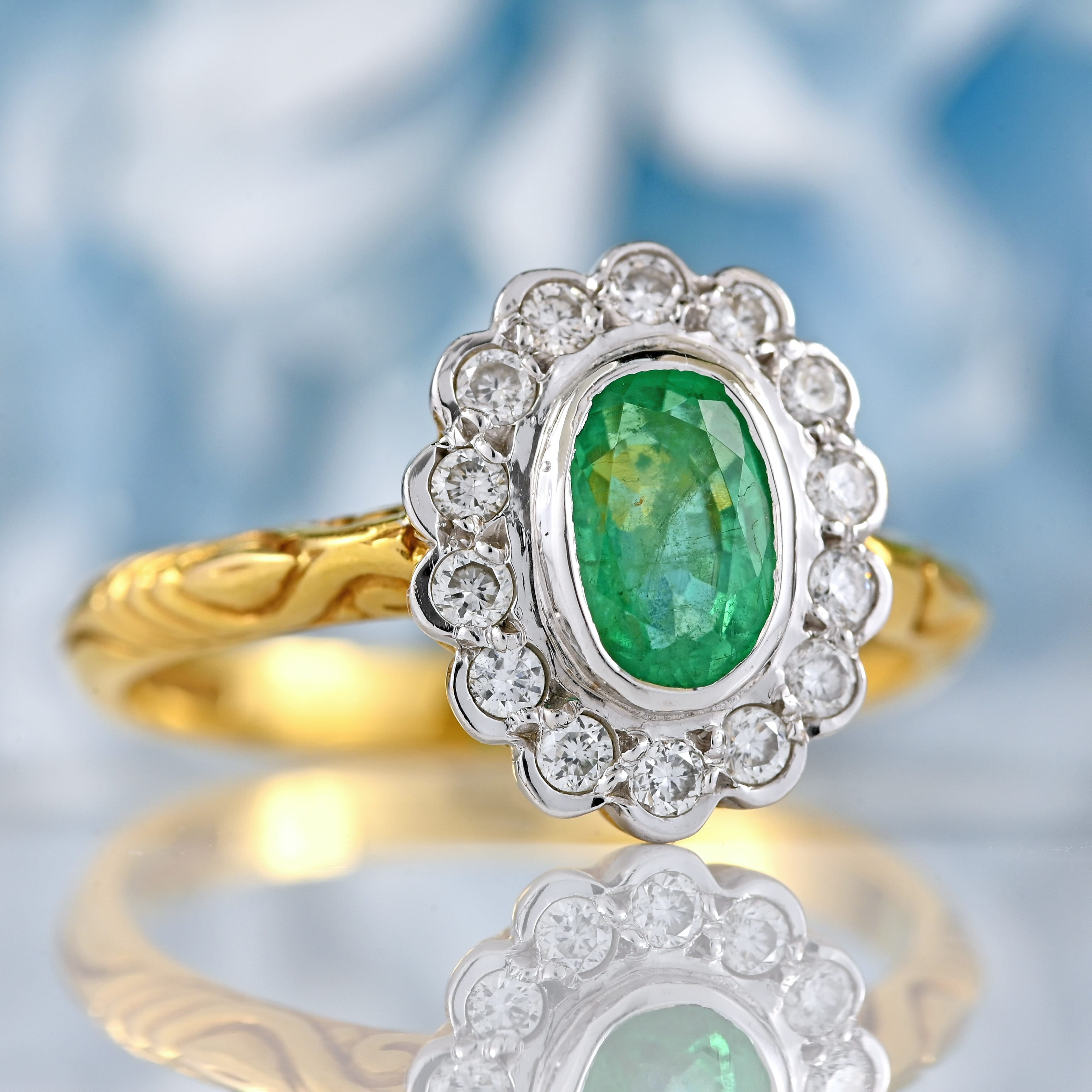 Ellibelle Jewellery Vintage Emerald & Diamond 18ct Gold Bezel-Set Oval Cluster Ring