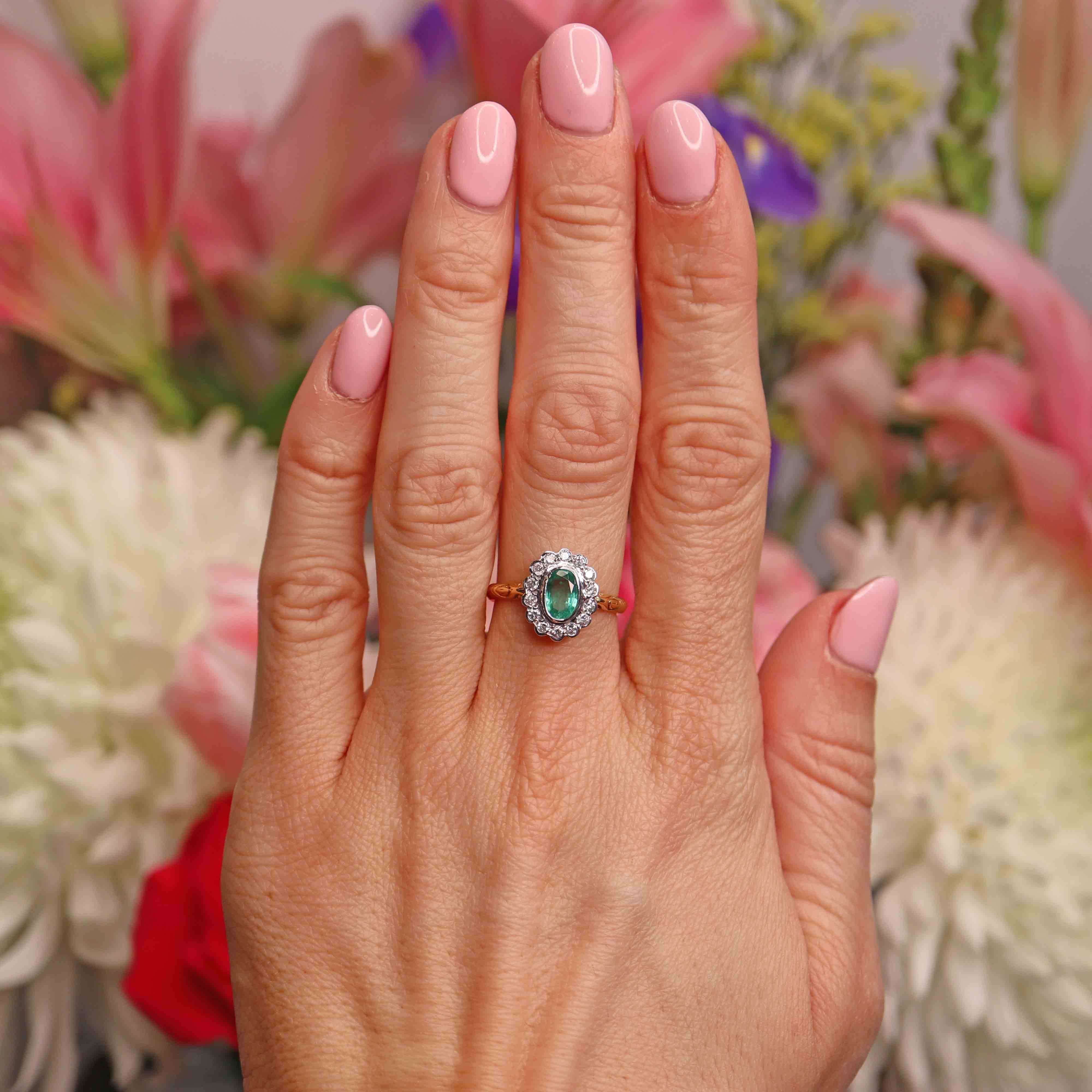 Ellibelle Jewellery Vintage Emerald & Diamond 18ct Gold Bezel-Set Oval Cluster Ring