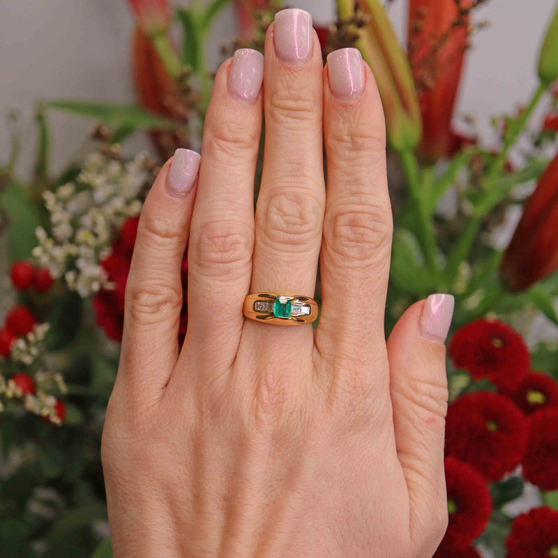 Ellibelle Jewellery Vintage Emerald & Diamond 18ct Gold Bombe Dress Ring