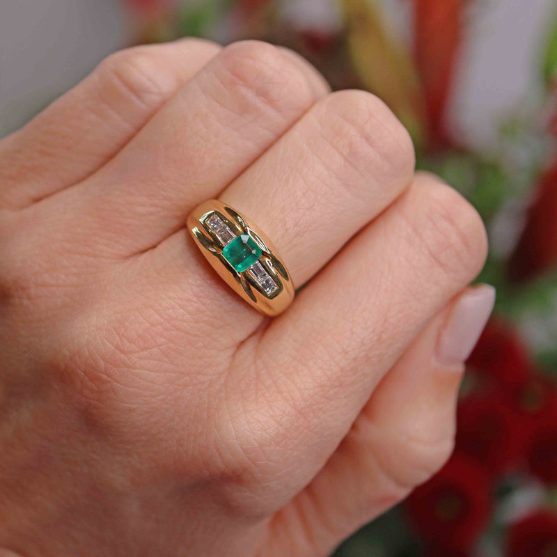 Ellibelle Jewellery Vintage Emerald & Diamond 18ct Gold Bombe Dress Ring