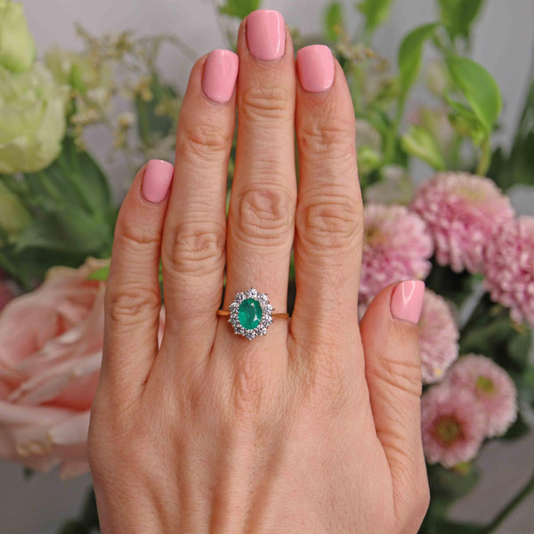 Ellibelle Jewellery Vintage Emerald & Diamond 18ct Gold Cluster Engagement Ring (1.20ct)