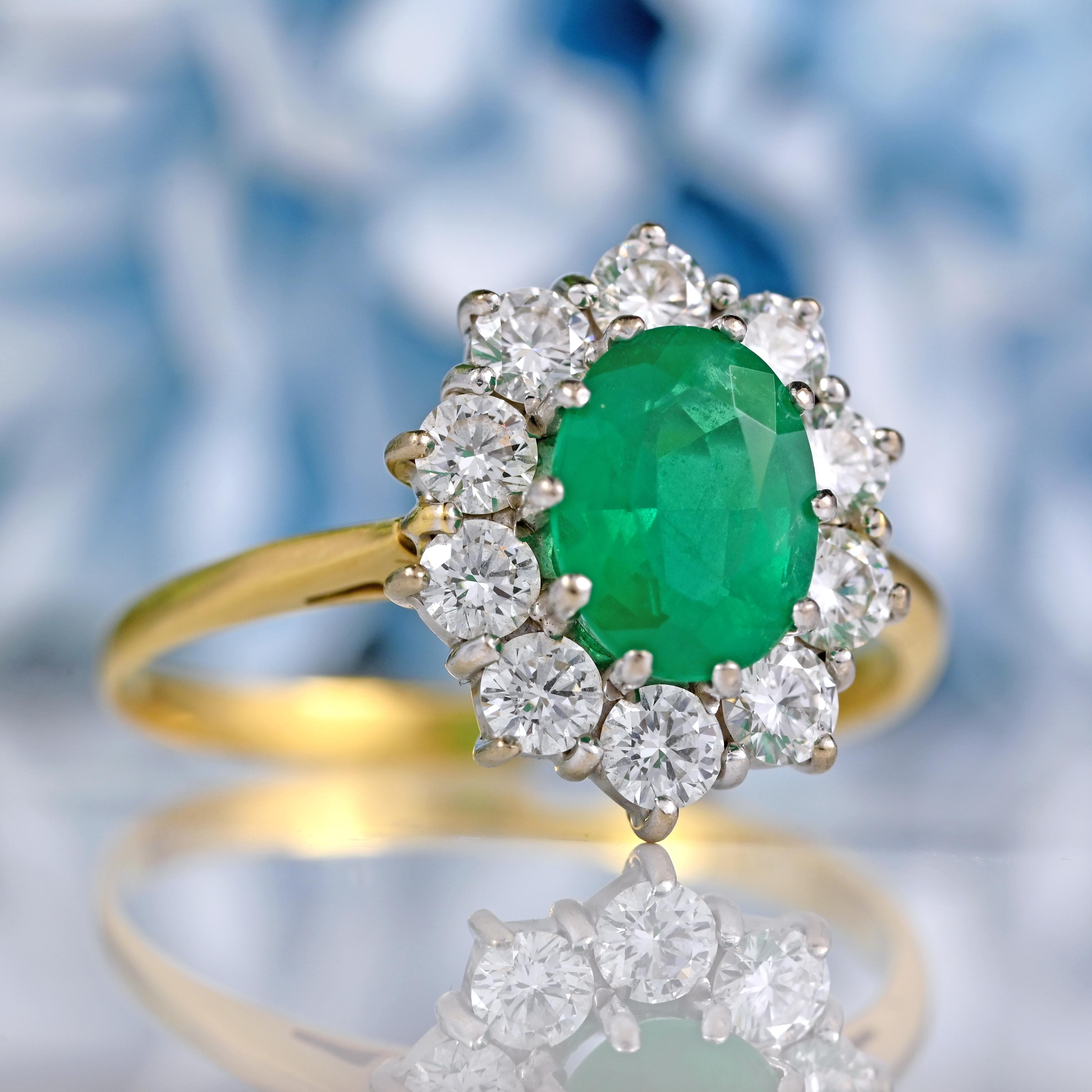 Ellibelle Jewellery Vintage Emerald & Diamond 18ct Gold Cluster Engagement Ring (1.20ct)