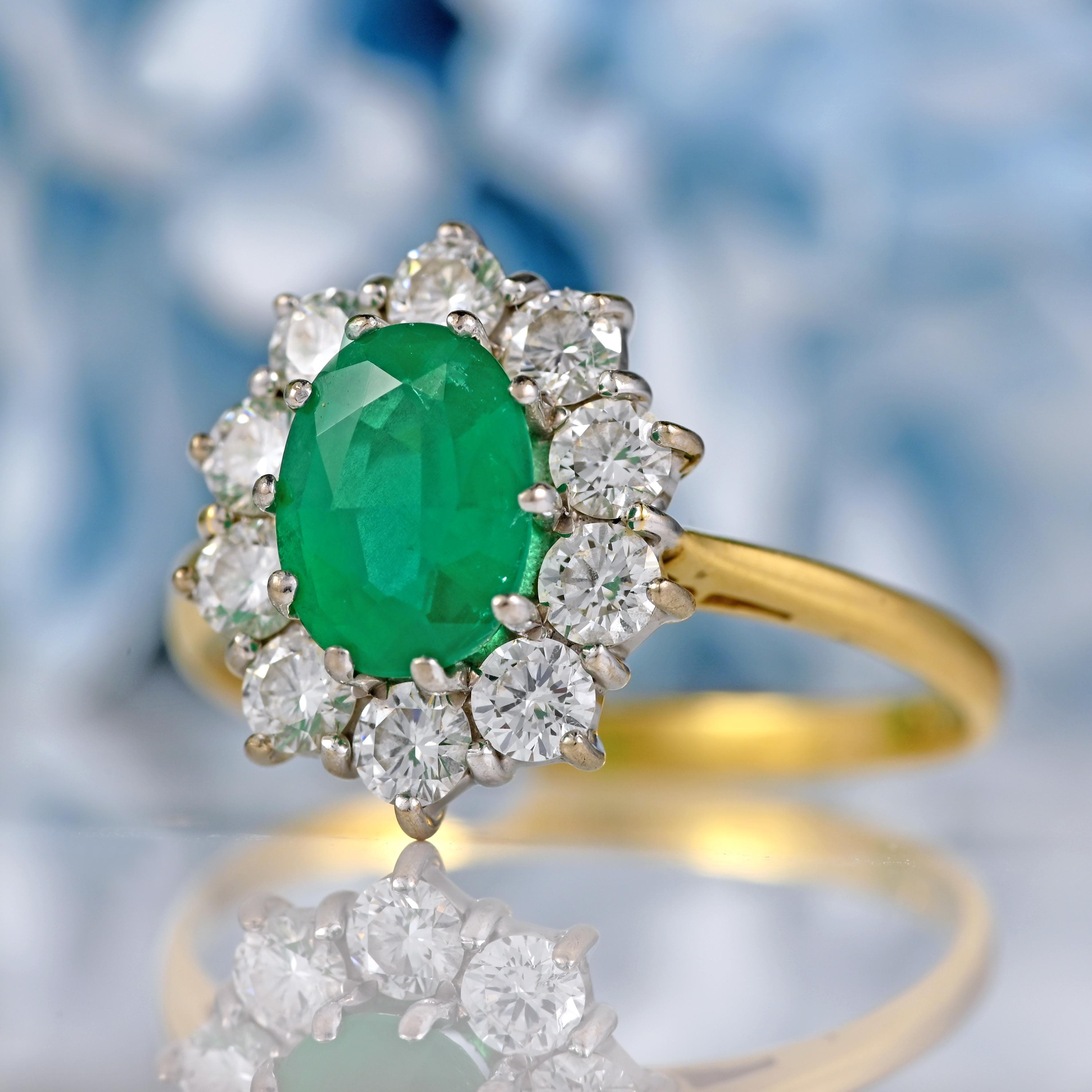 Ellibelle Jewellery Vintage Emerald & Diamond 18ct Gold Cluster Engagement Ring (1.20ct)