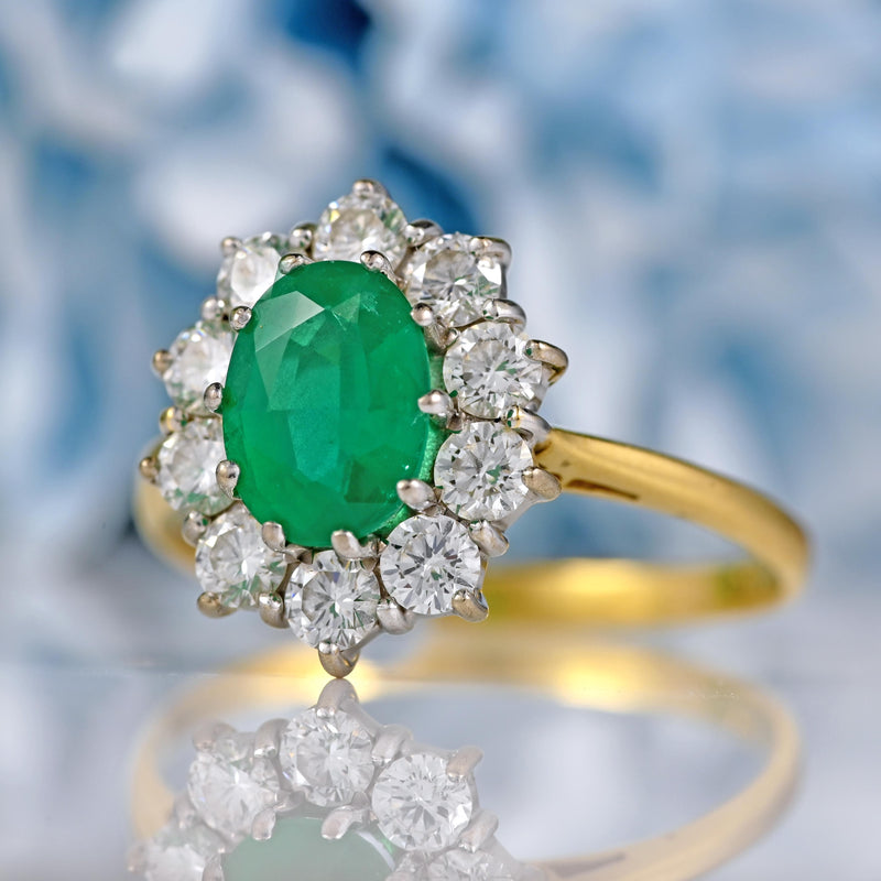 Ellibelle Jewellery Vintage Emerald & Diamond 18ct Gold Cluster Engagement Ring (1.20ct)