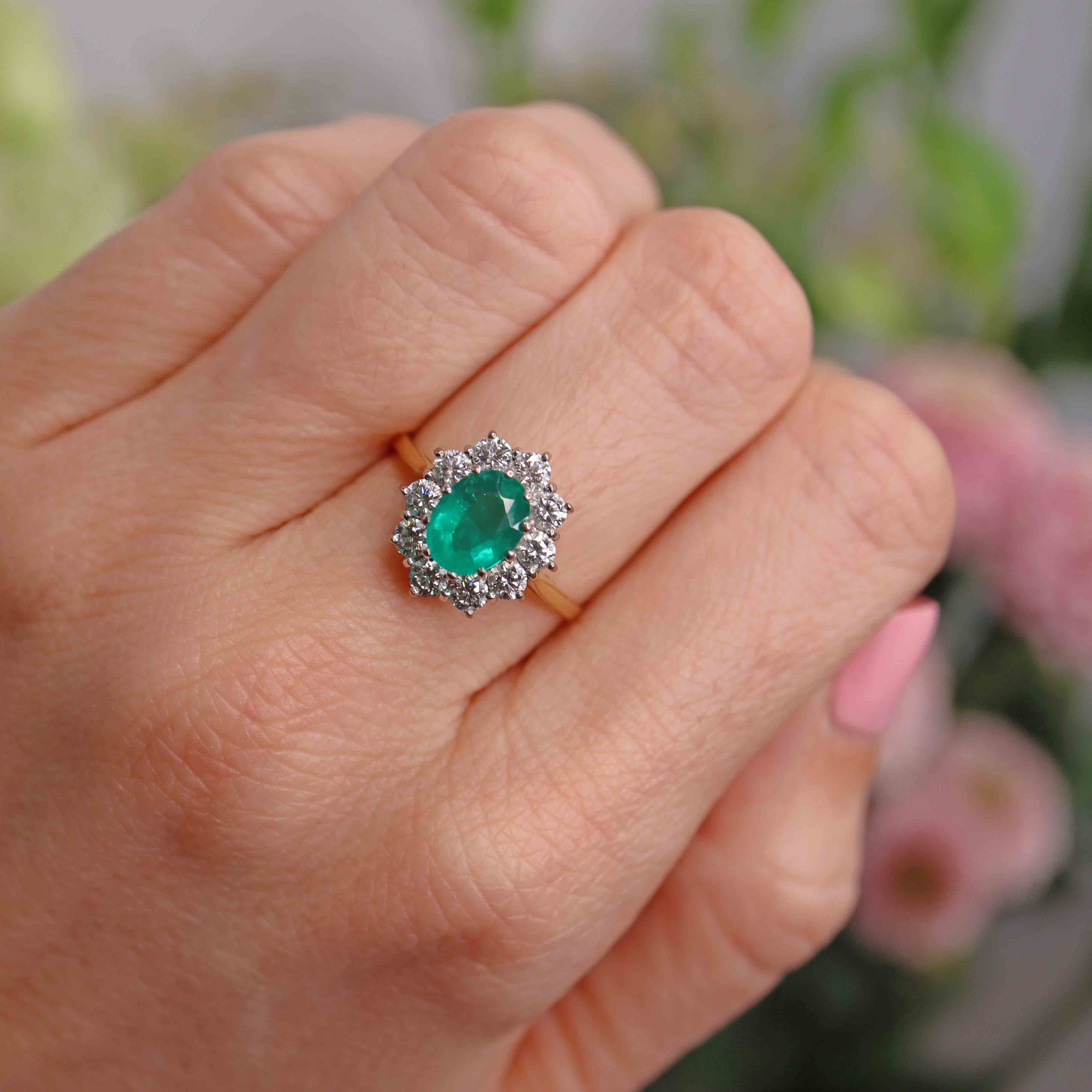 Ellibelle Jewellery Vintage Emerald & Diamond 18ct Gold Cluster Engagement Ring (1.20ct)