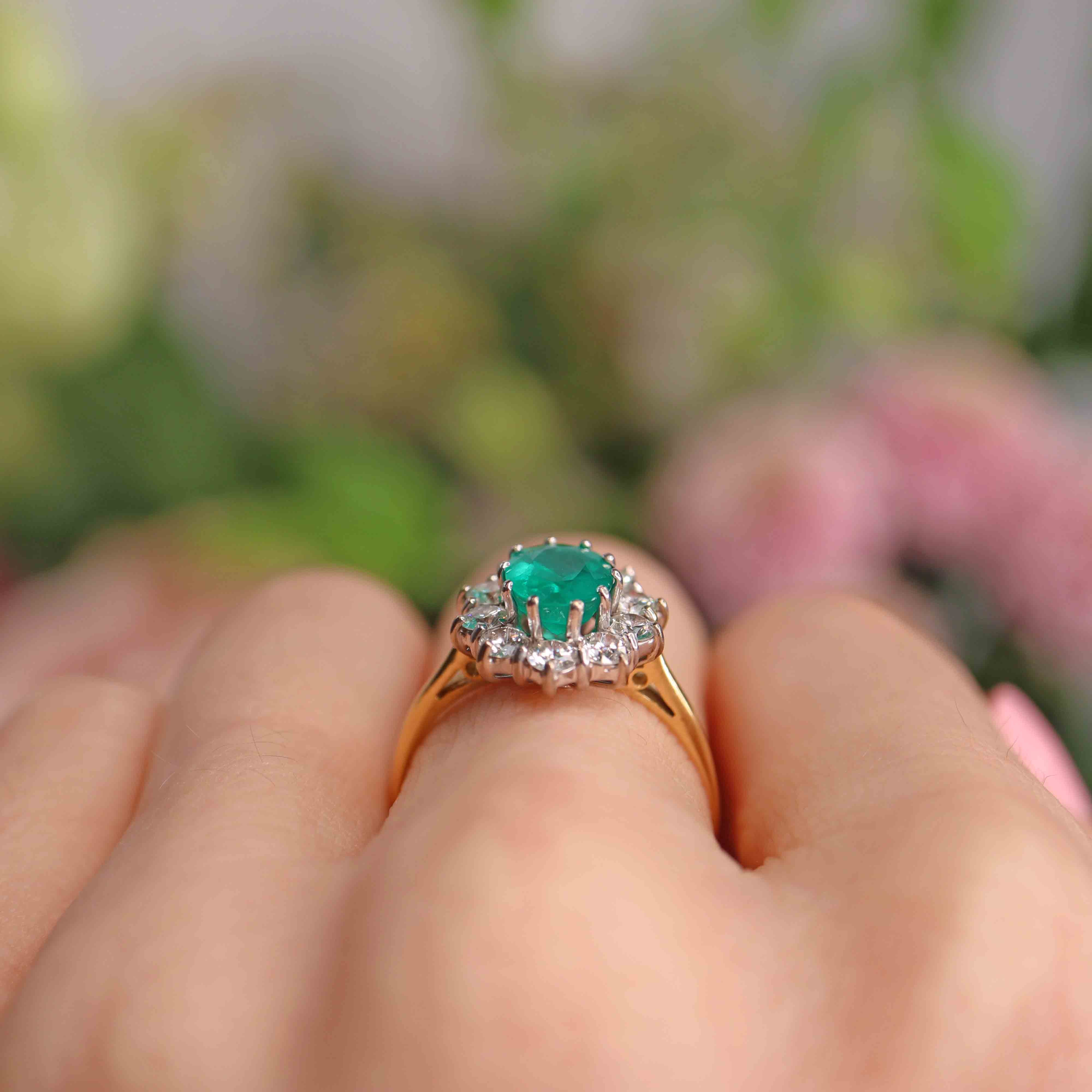 Ellibelle Jewellery Vintage Emerald & Diamond 18ct Gold Cluster Engagement Ring (1.20ct)