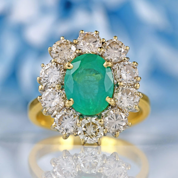 Ellibelle Jewellery Vintage Emerald & Diamond 18ct Gold Cluster Engagement Ring (1.95ct)