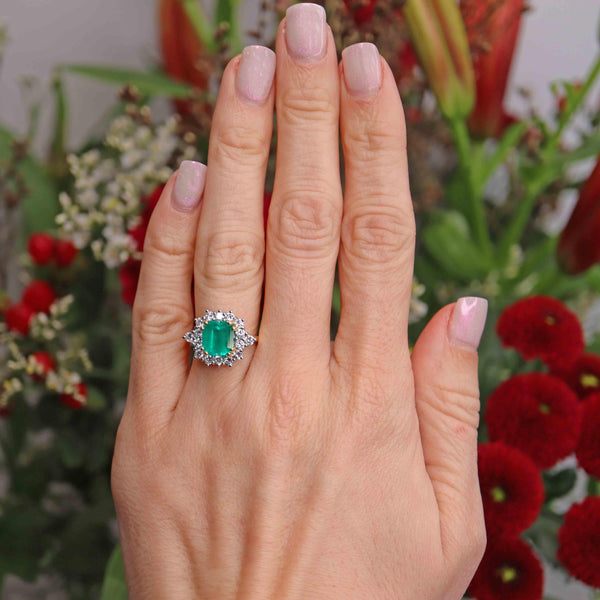 Ellibelle Jewellery Vintage Emerald & Diamond 18ct Gold Cluster Engagement Ring (2.56ct)