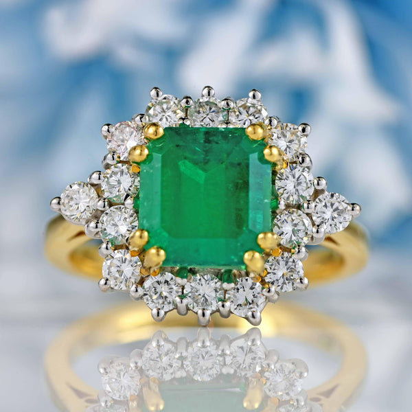 Ellibelle Jewellery Vintage Emerald & Diamond 18ct Gold Cluster Engagement Ring (2.56ct)