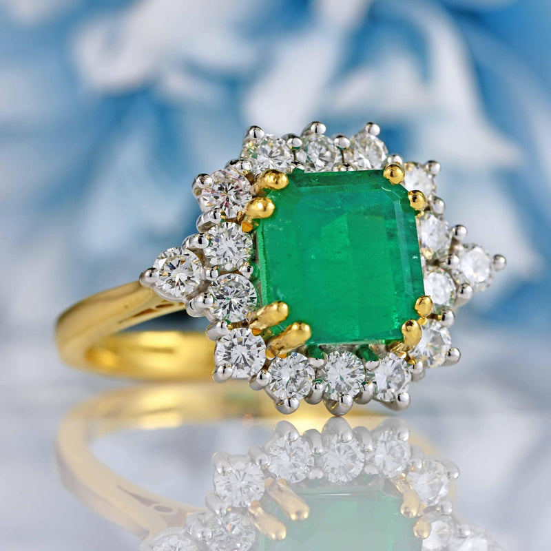 Ellibelle Jewellery Vintage Emerald & Diamond 18ct Gold Cluster Engagement Ring (2.56ct)