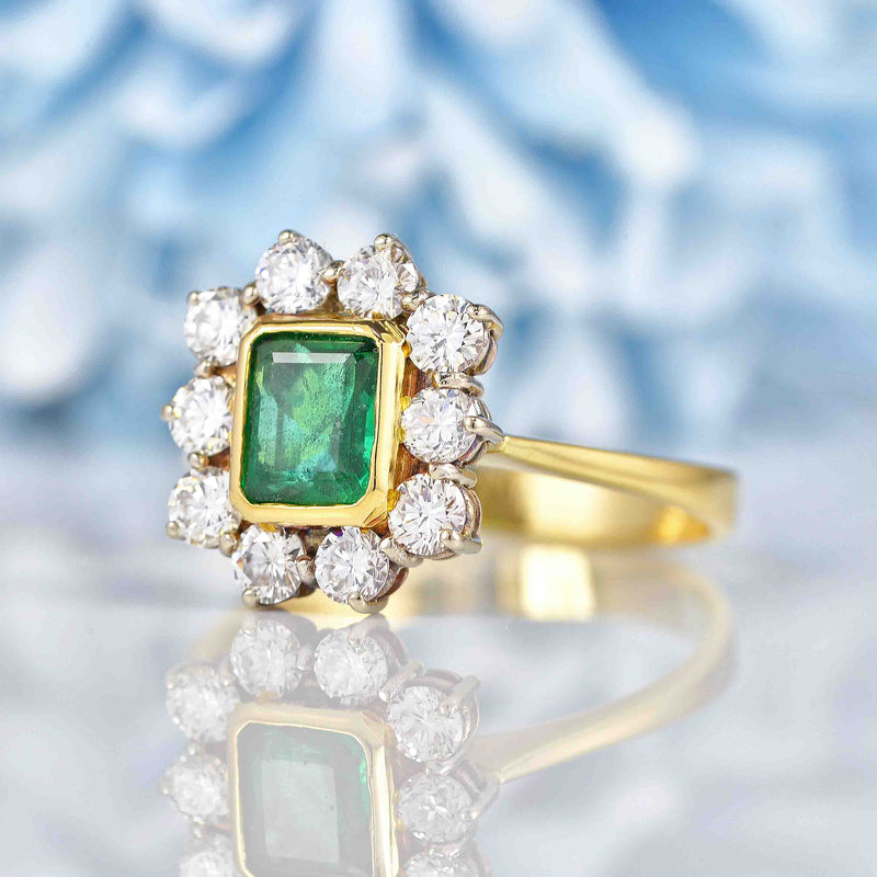 Ellibelle Jewellery Vintage Emerald & Diamond 18ct Gold Cluster Engagement Ring