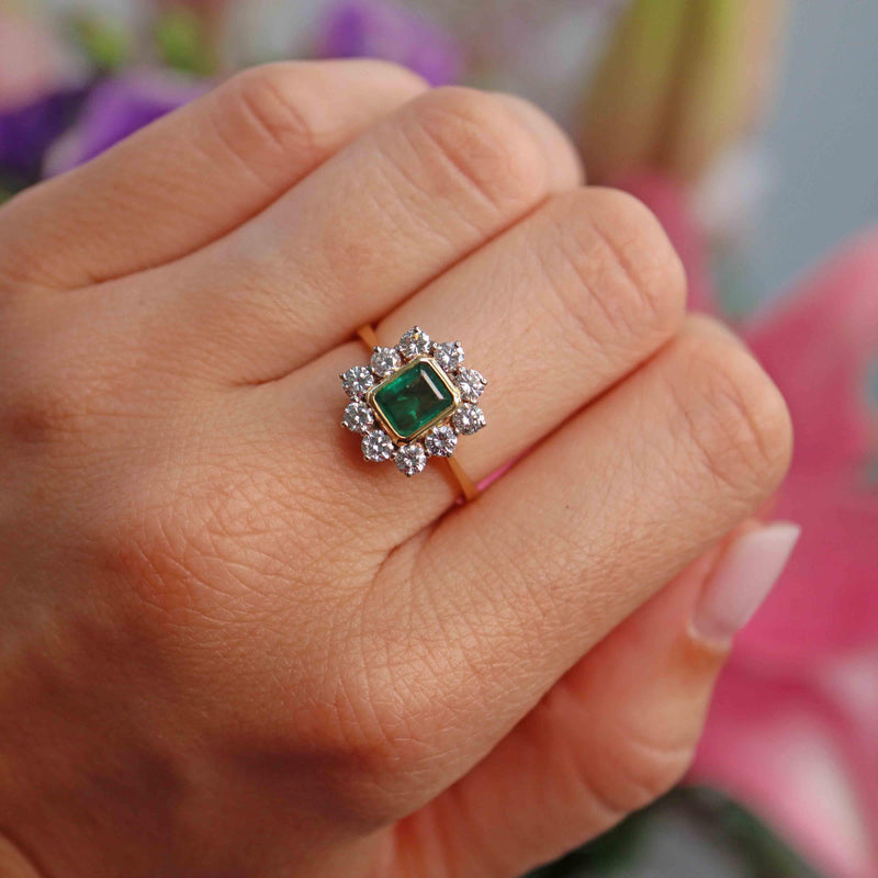 Ellibelle Jewellery Vintage Emerald & Diamond 18ct Gold Cluster Engagement Ring