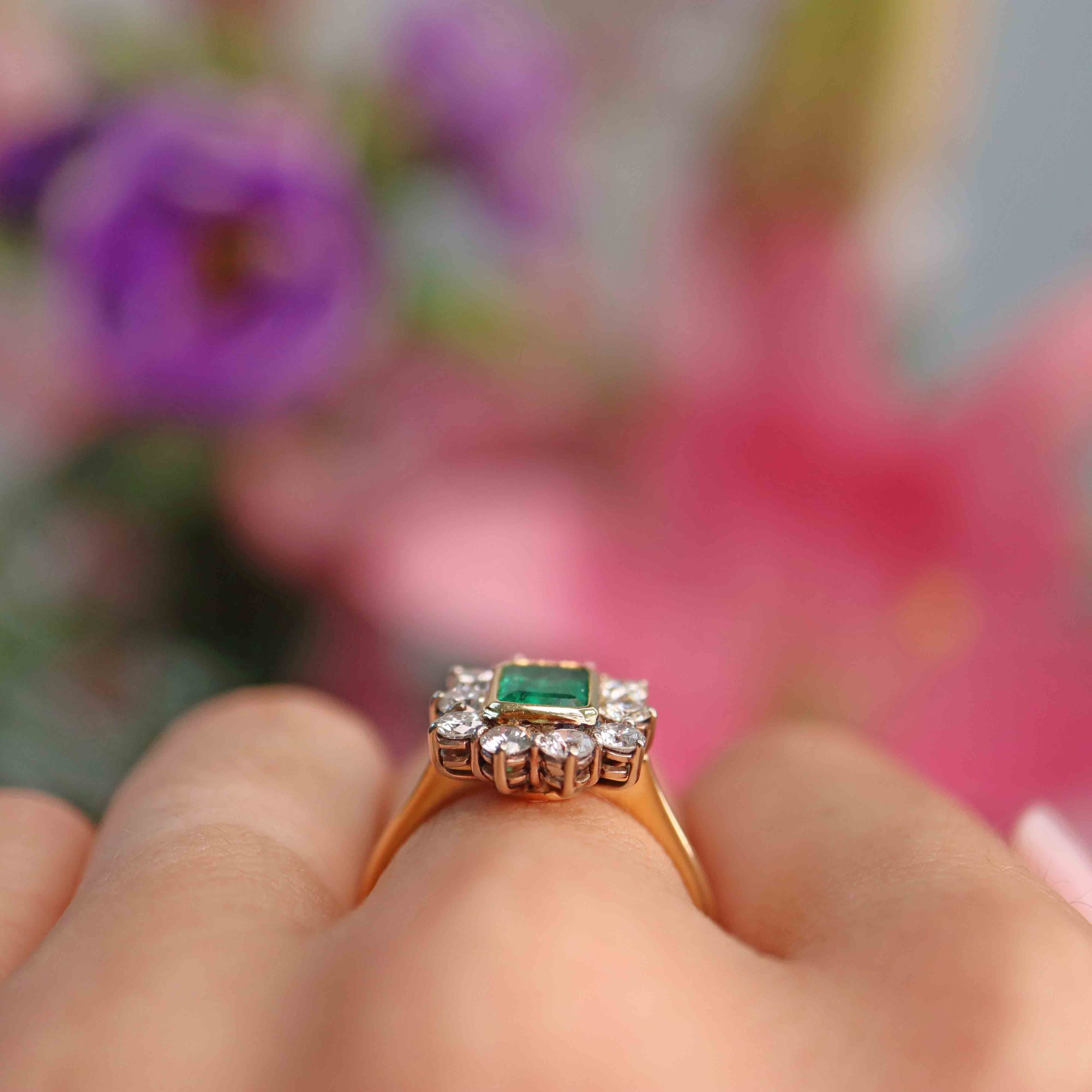 Ellibelle Jewellery Vintage Emerald & Diamond 18ct Gold Cluster Engagement Ring