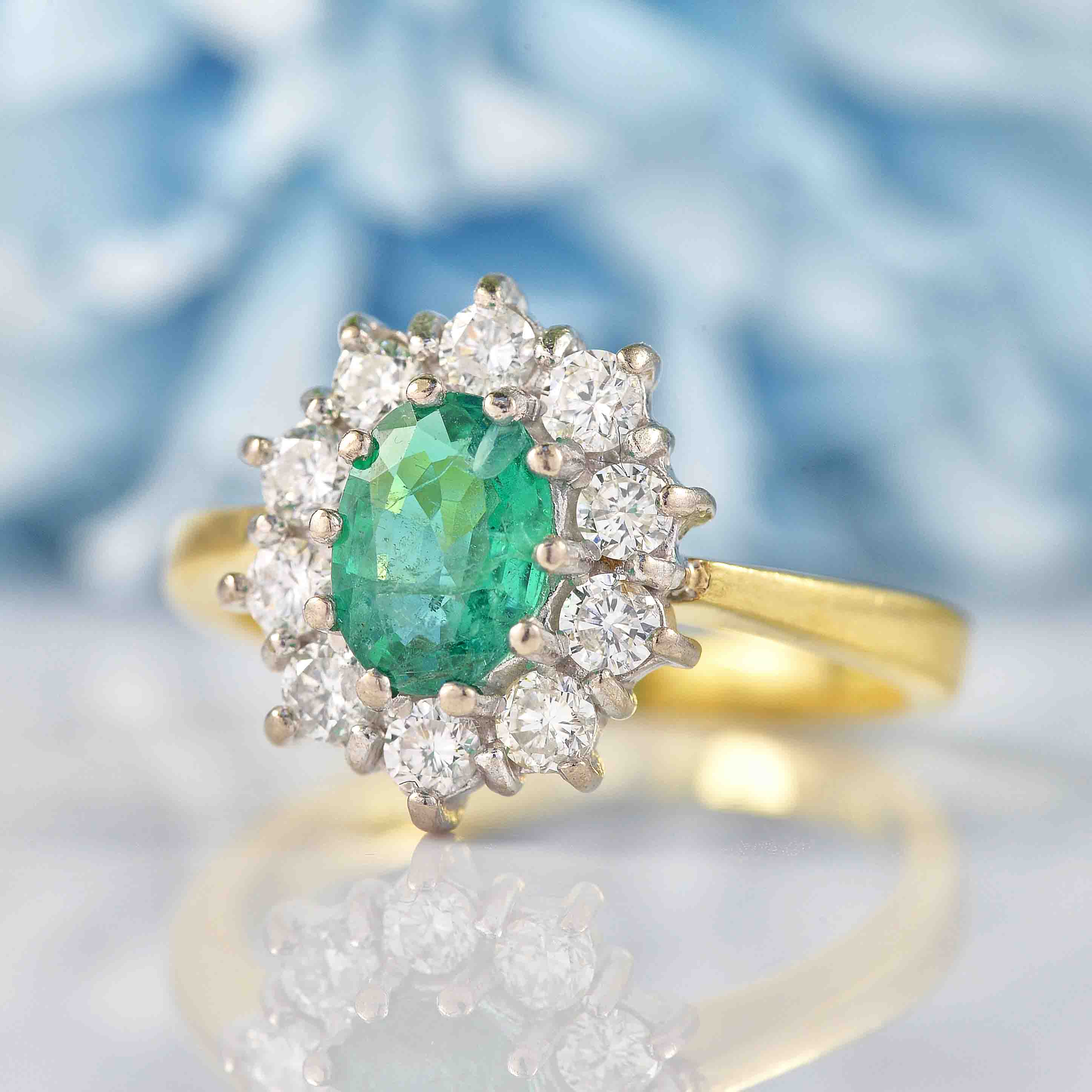 Ellibelle Jewellery Vintage Emerald & Diamond 18ct Gold Cluster Engagement Ring