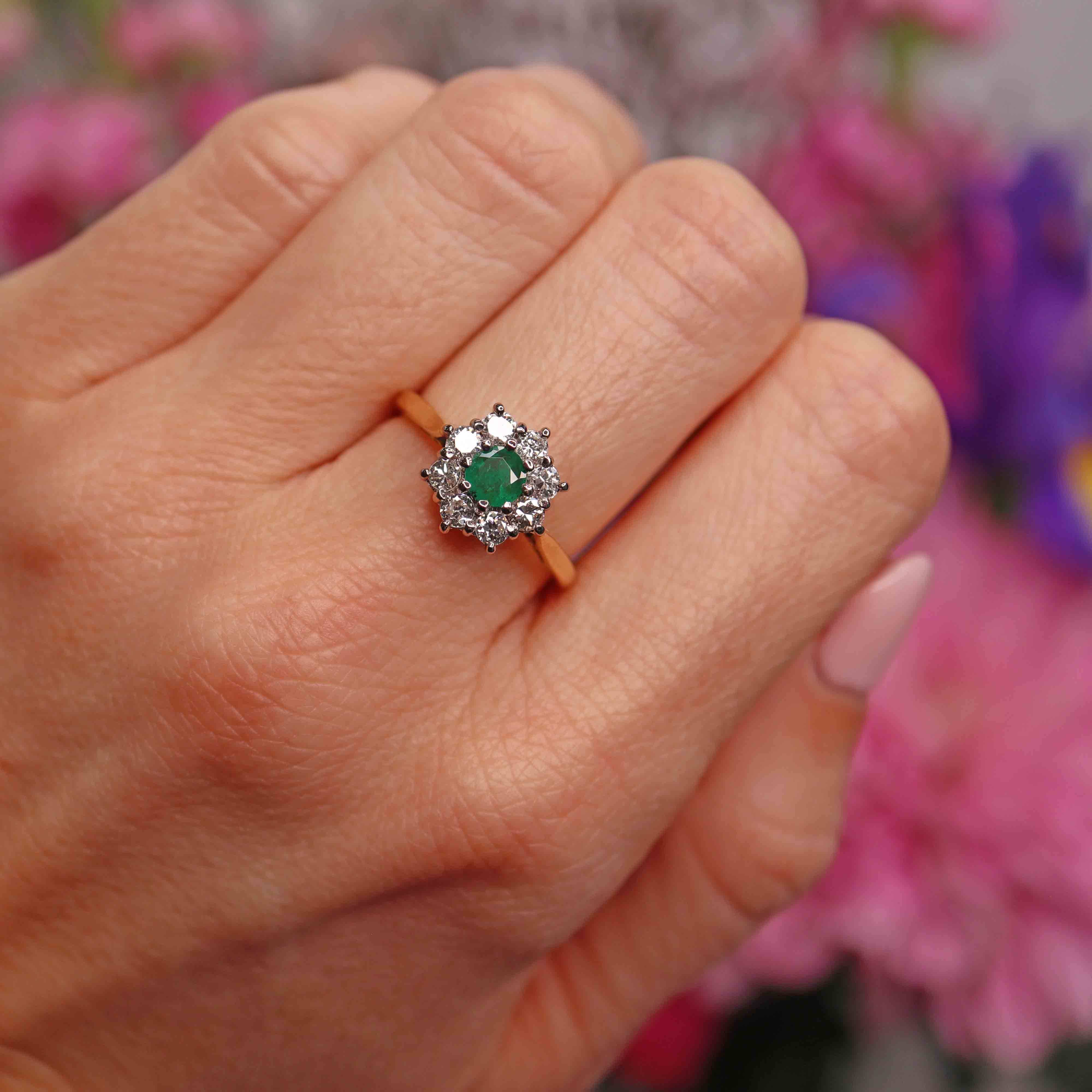 Ellibelle Jewellery Vintage Emerald & Diamond 18ct Gold Cluster Ring