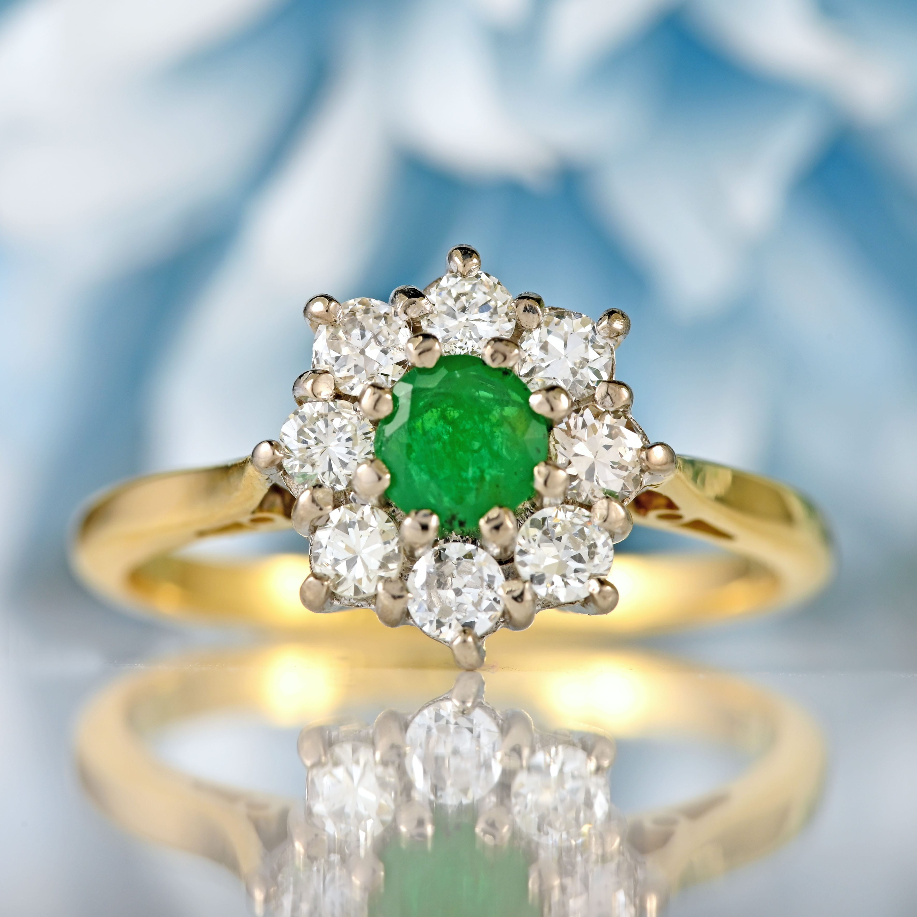 Ellibelle Jewellery Vintage Emerald & Diamond 18ct Gold Cluster Ring