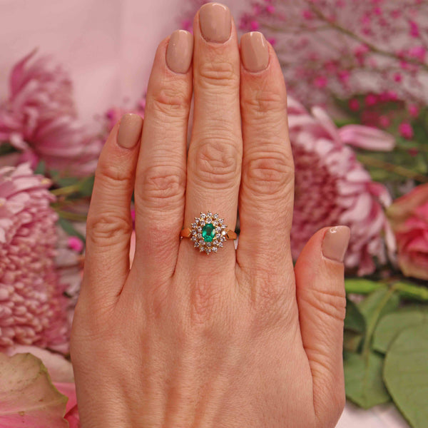 Ellibelle Jewellery Vintage Emerald & Diamond 18ct Gold Cluster Ring