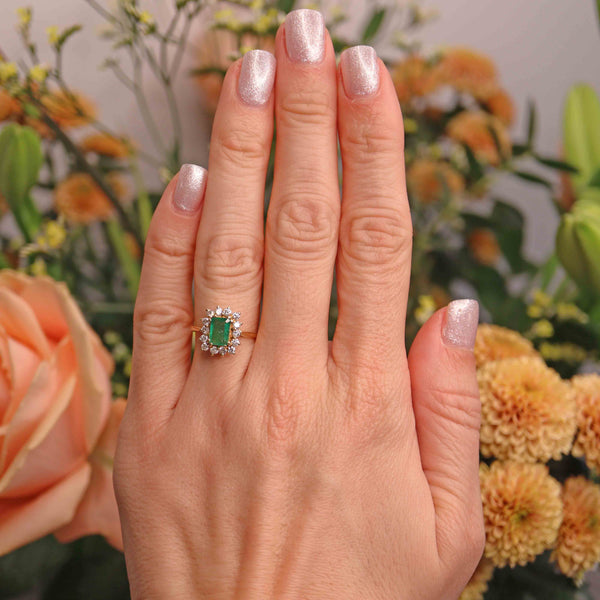 Ellibelle Jewellery Vintage Emerald & Diamond 18ct Gold Cluster Ring