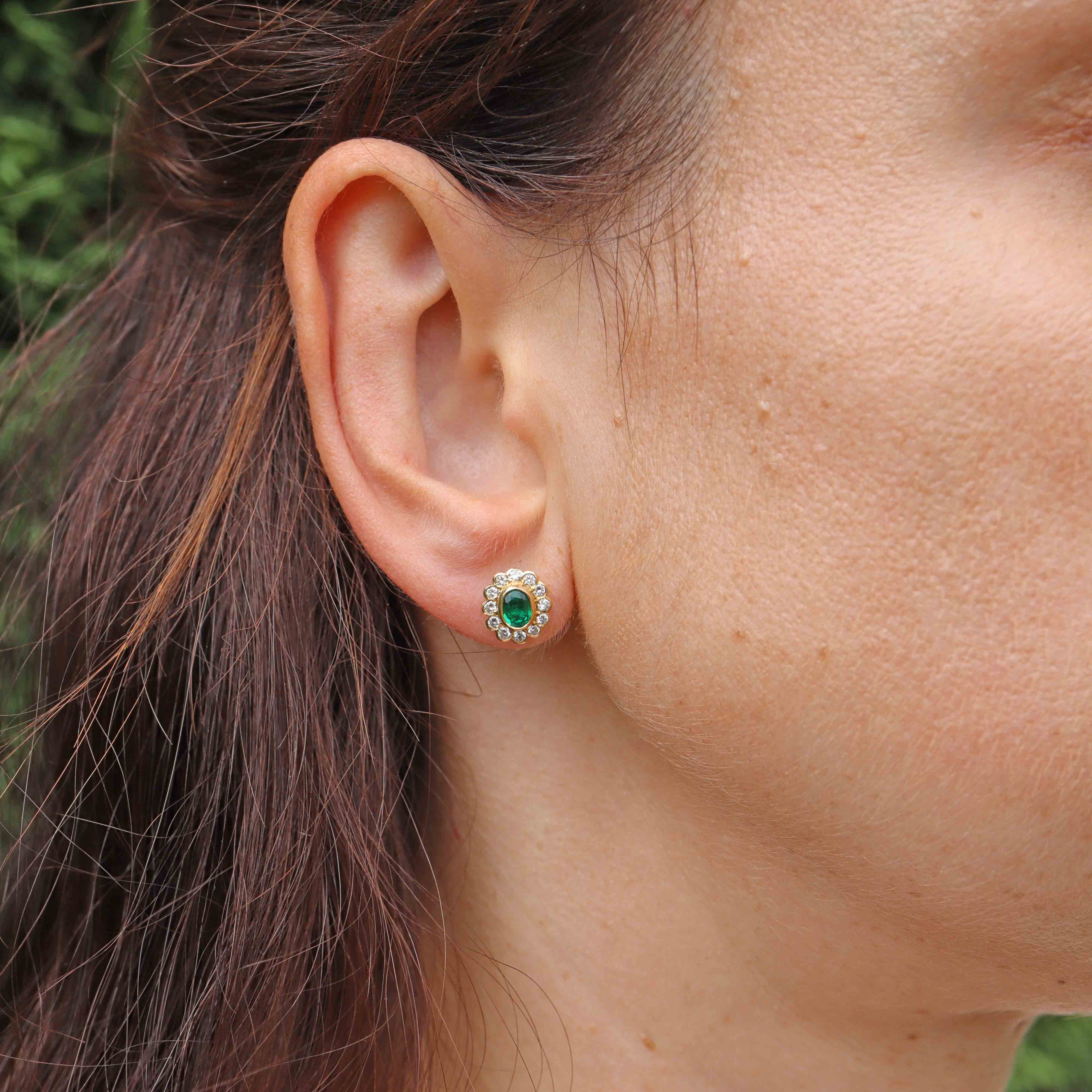 Ellibelle Jewellery Vintage Emerald & Diamond 18ct Gold Cluster Stud Earrings