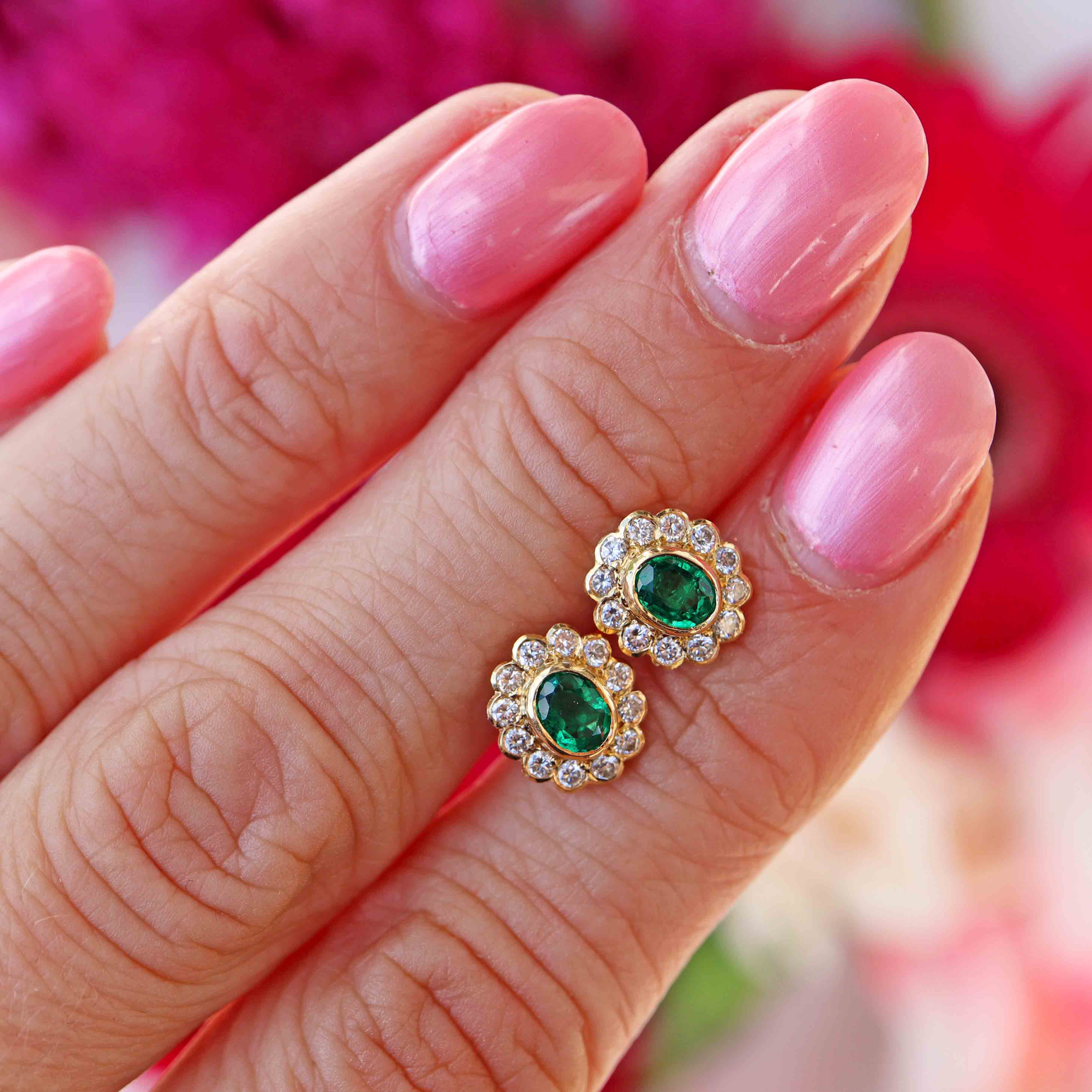Ellibelle Jewellery Vintage Emerald & Diamond 18ct Gold Cluster Stud Earrings