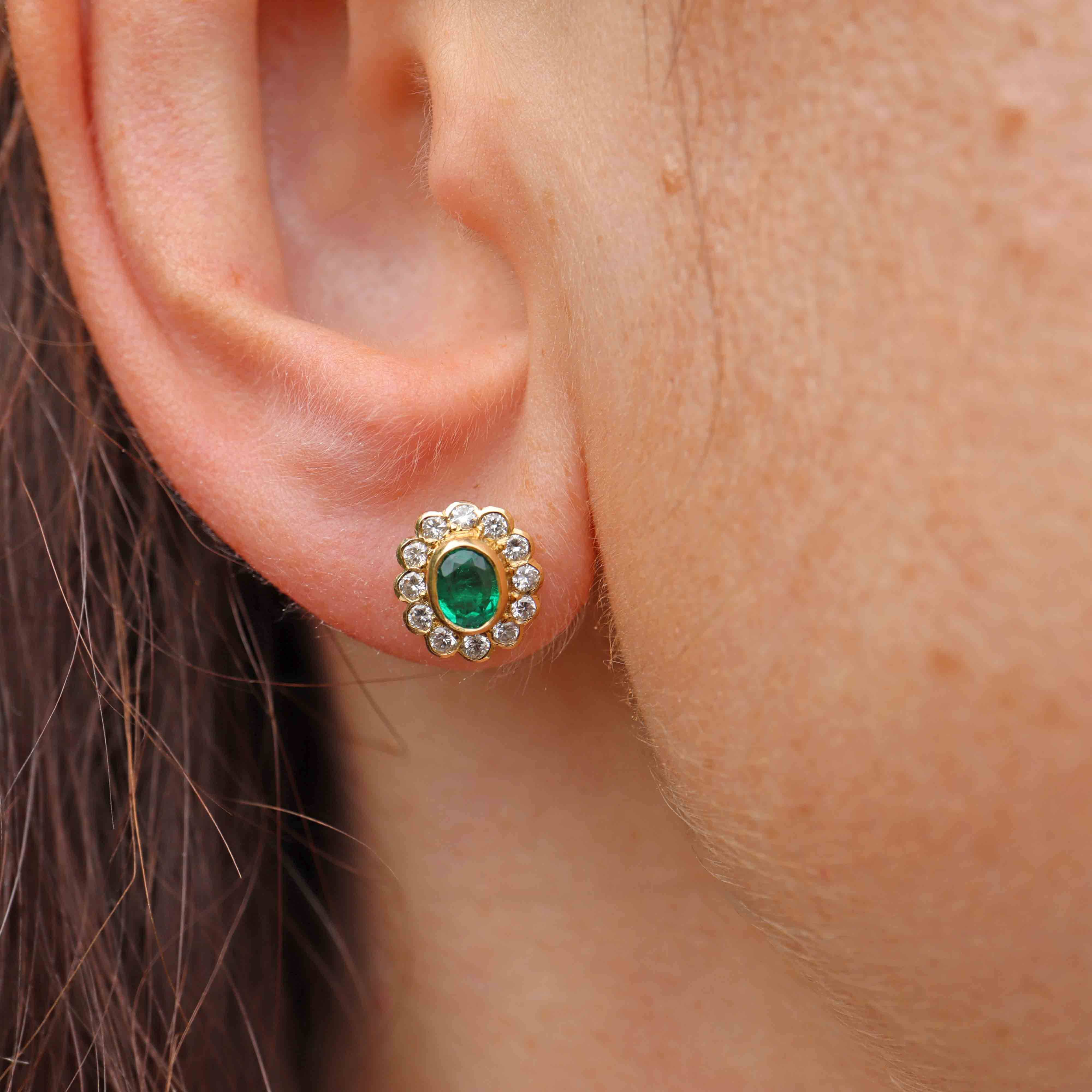 Ellibelle Jewellery Vintage Emerald & Diamond 18ct Gold Cluster Stud Earrings