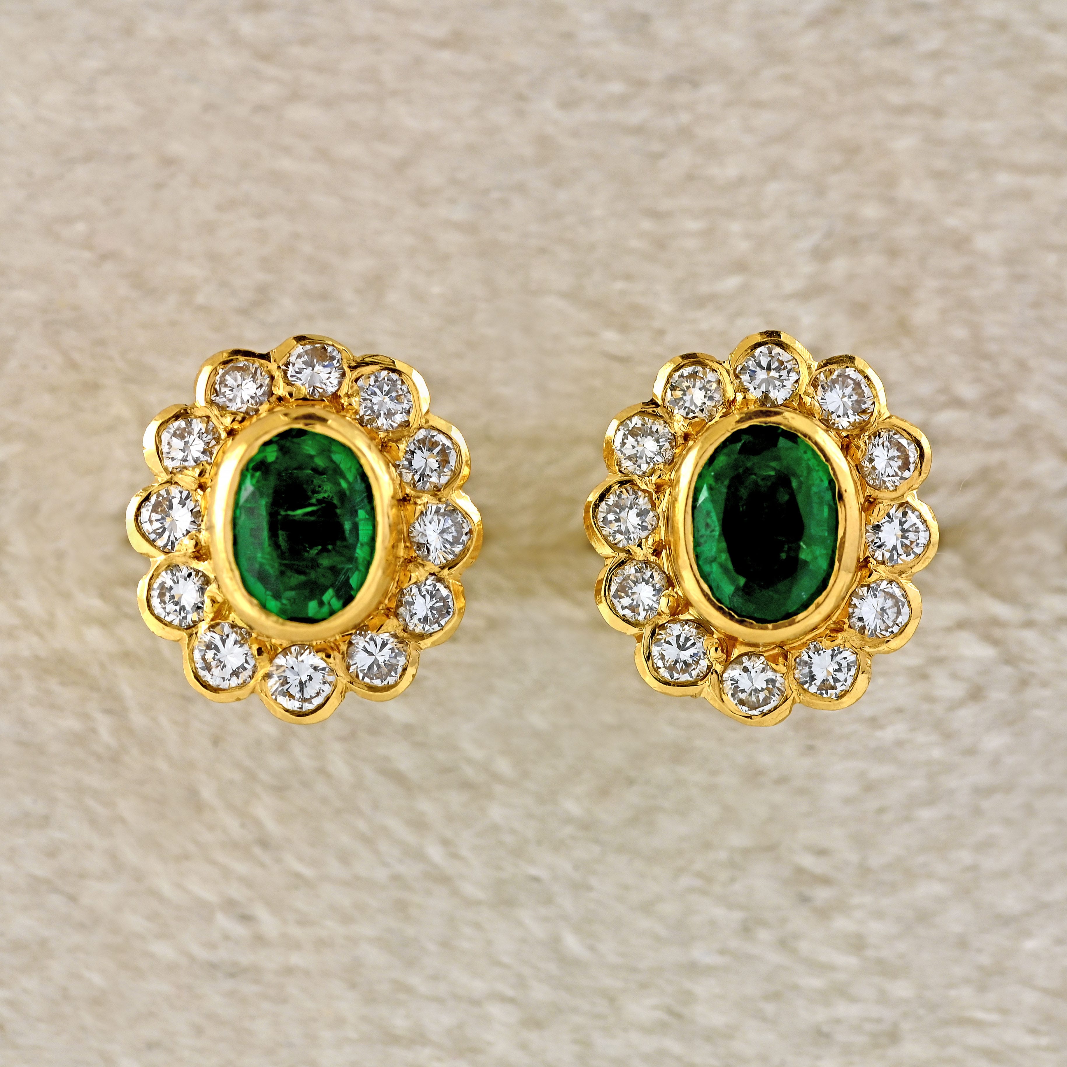 Ellibelle Jewellery Vintage Emerald & Diamond 18ct Gold Cluster Stud Earrings