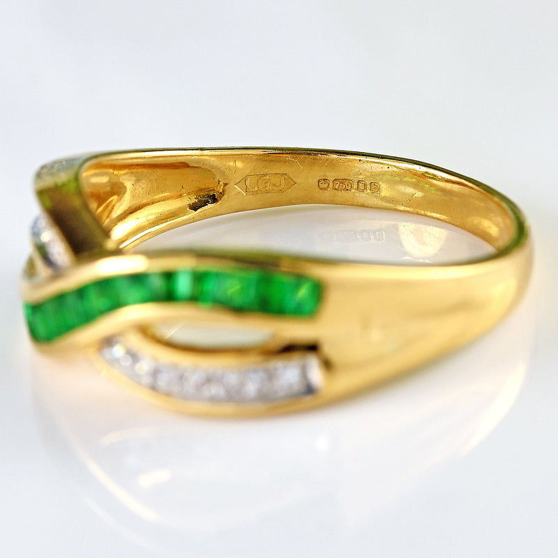 Ellibelle Jewellery Vintage Emerald & Diamond 18ct Gold Crossover Band Ring