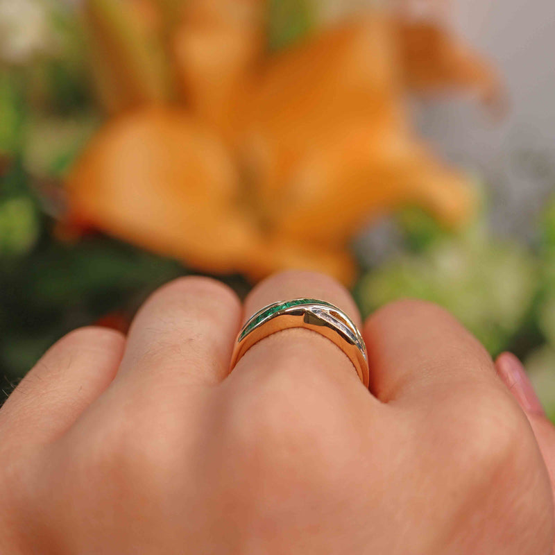 Ellibelle Jewellery Vintage Emerald & Diamond 18ct Gold Crossover Band Ring