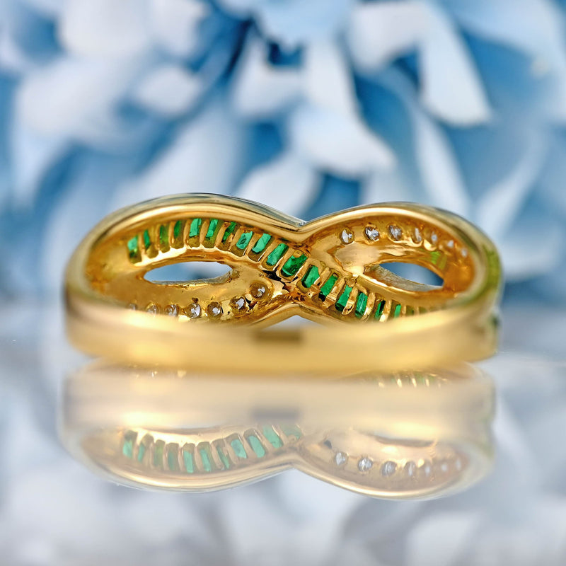 Ellibelle Jewellery Vintage Emerald & Diamond 18ct Gold Crossover Band Ring