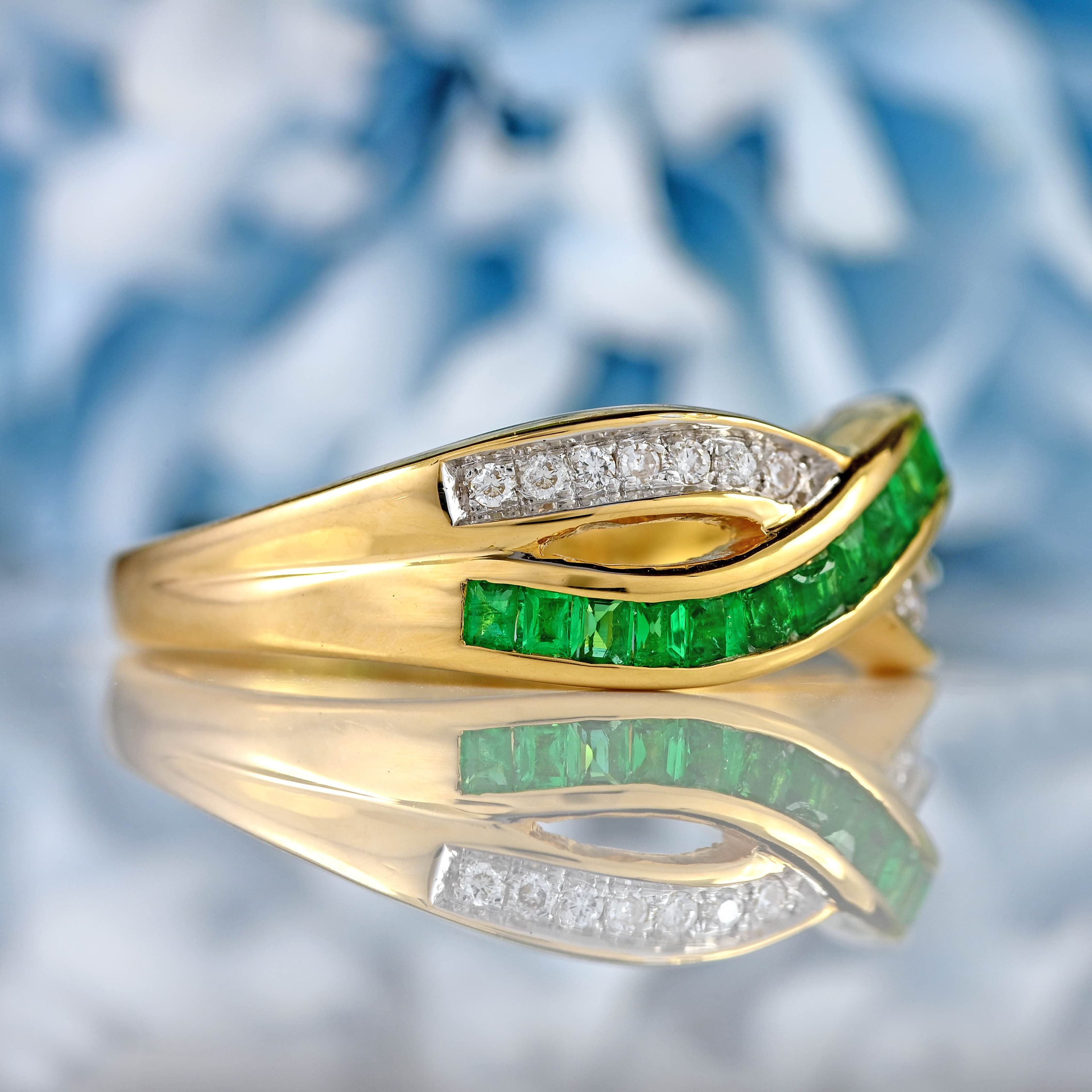 Ellibelle Jewellery Vintage Emerald & Diamond 18ct Gold Crossover Band Ring