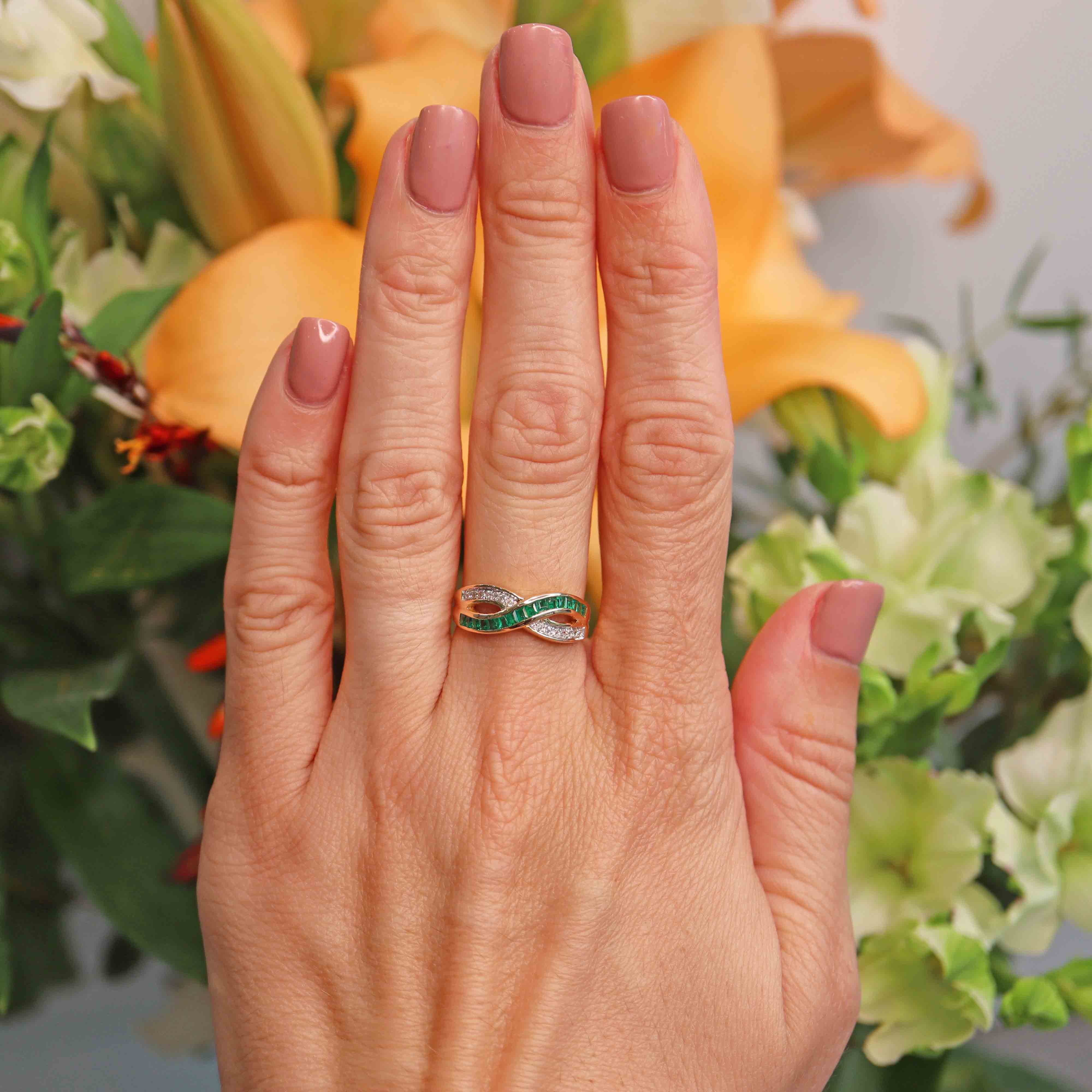 Ellibelle Jewellery Vintage Emerald & Diamond 18ct Gold Crossover Band Ring