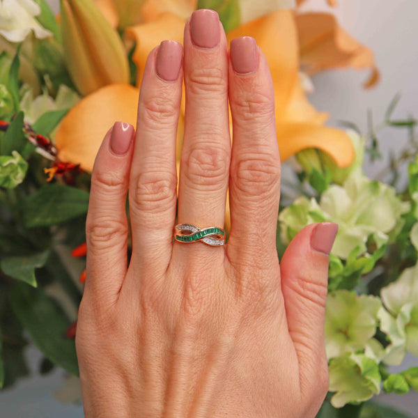 Ellibelle Jewellery Vintage Emerald & Diamond 18ct Gold Crossover Band Ring