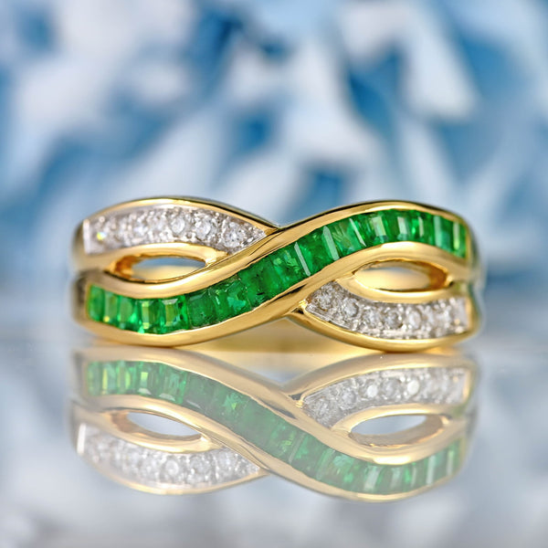 Ellibelle Jewellery Vintage Emerald & Diamond 18ct Gold Crossover Band Ring