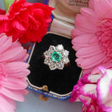 Ellibelle Jewellery Vintage Emerald & Diamond 18ct Gold Daisy Cluster Engagement Ring