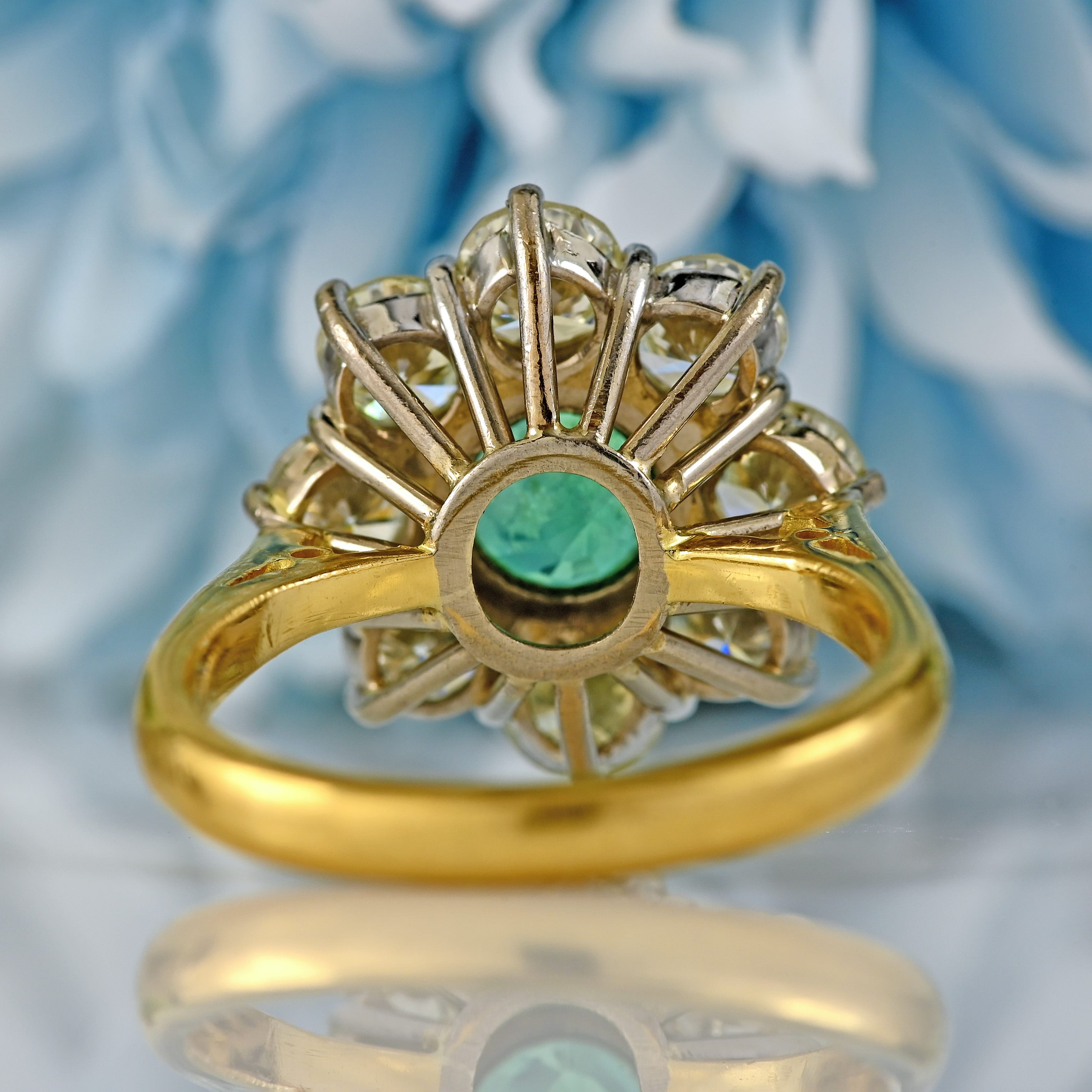 Ellibelle Jewellery Vintage Emerald & Diamond 18ct Gold Daisy Cluster Engagement Ring