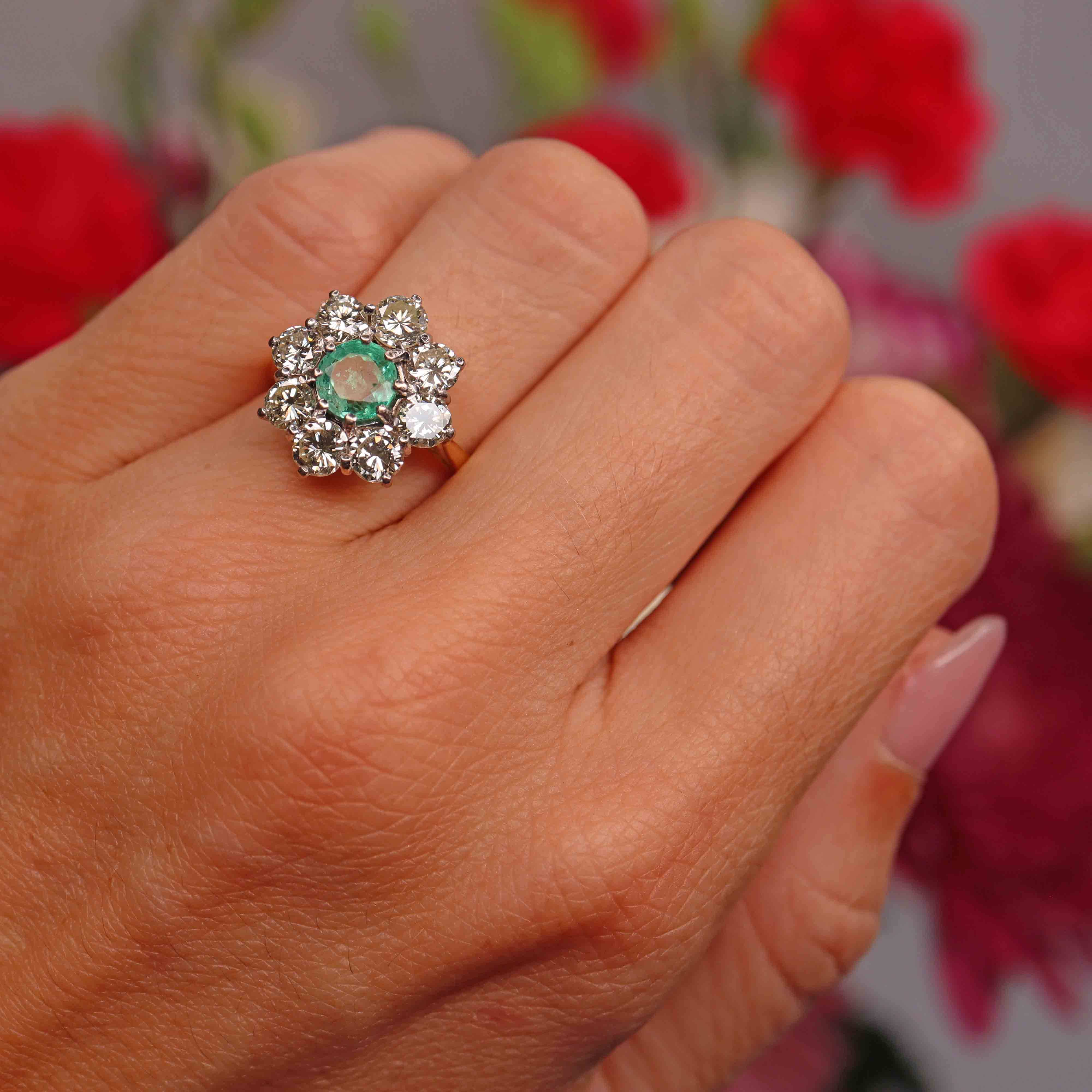 Ellibelle Jewellery Vintage Emerald & Diamond 18ct Gold Daisy Cluster Engagement Ring