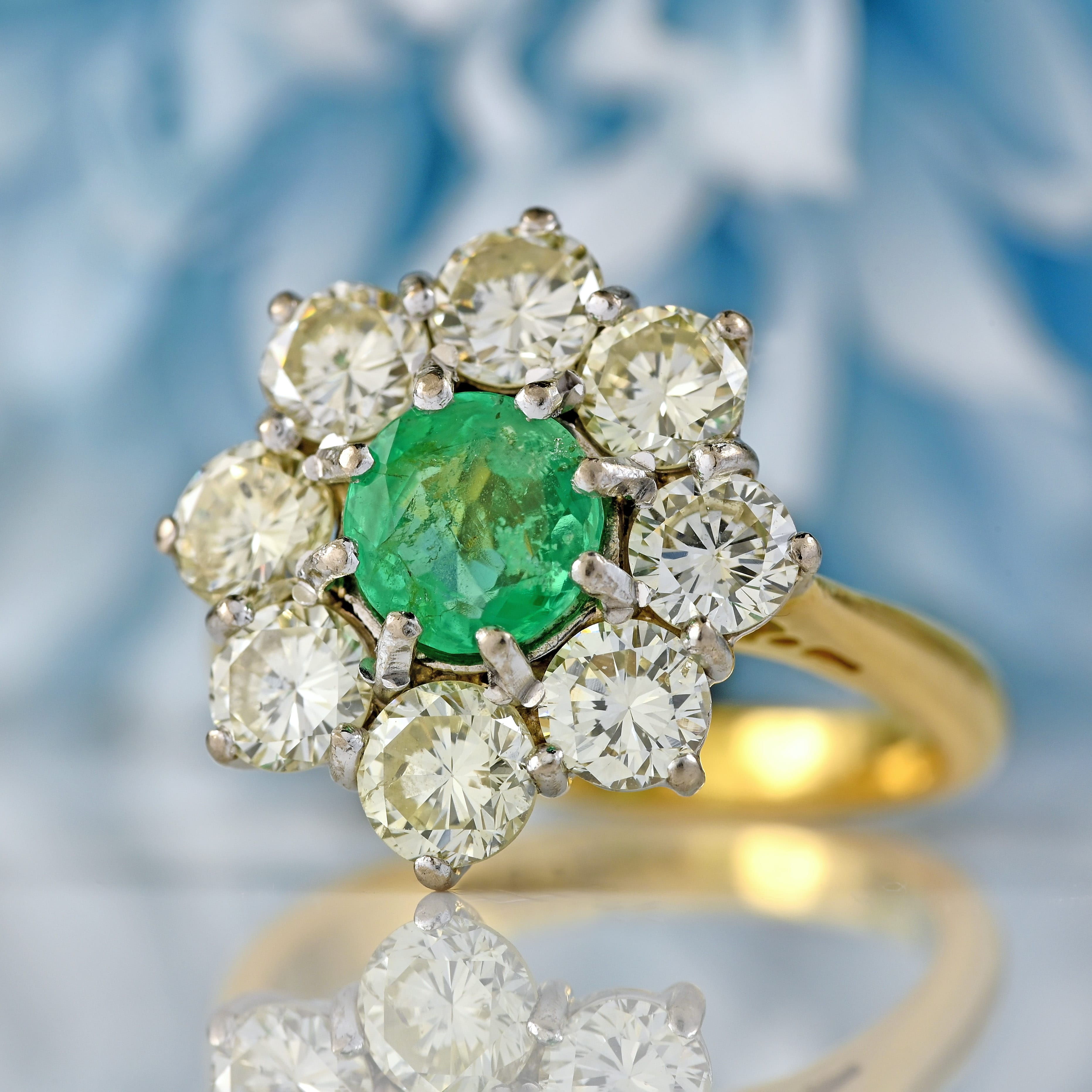 Ellibelle Jewellery Vintage Emerald & Diamond 18ct Gold Daisy Cluster Engagement Ring