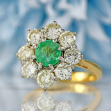 Ellibelle Jewellery Vintage Emerald & Diamond 18ct Gold Daisy Cluster Engagement Ring