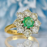 Ellibelle Jewellery Vintage Emerald & Diamond 18ct Gold Daisy Cluster Engagement Ring