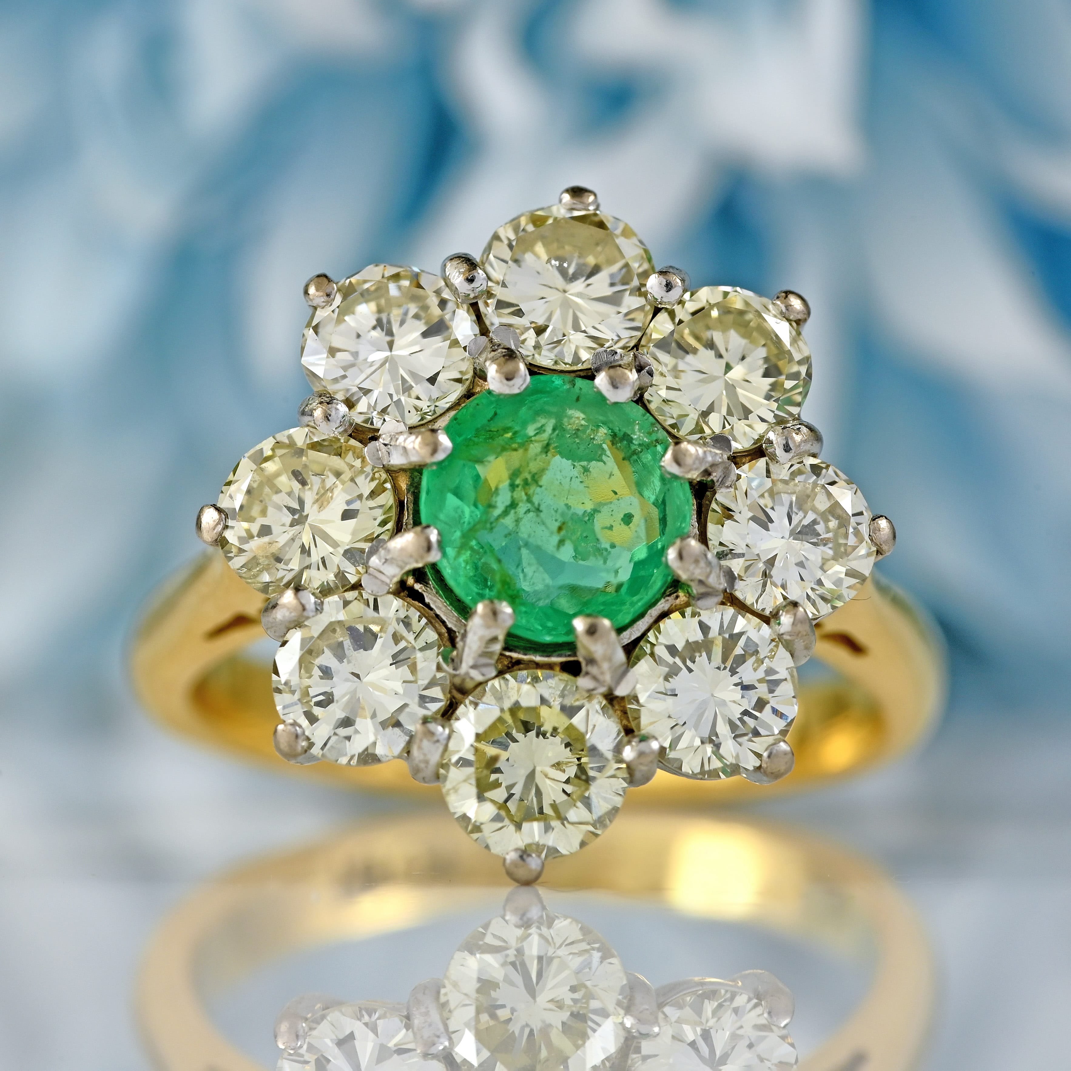 Ellibelle Jewellery Vintage Emerald & Diamond 18ct Gold Daisy Cluster Engagement Ring