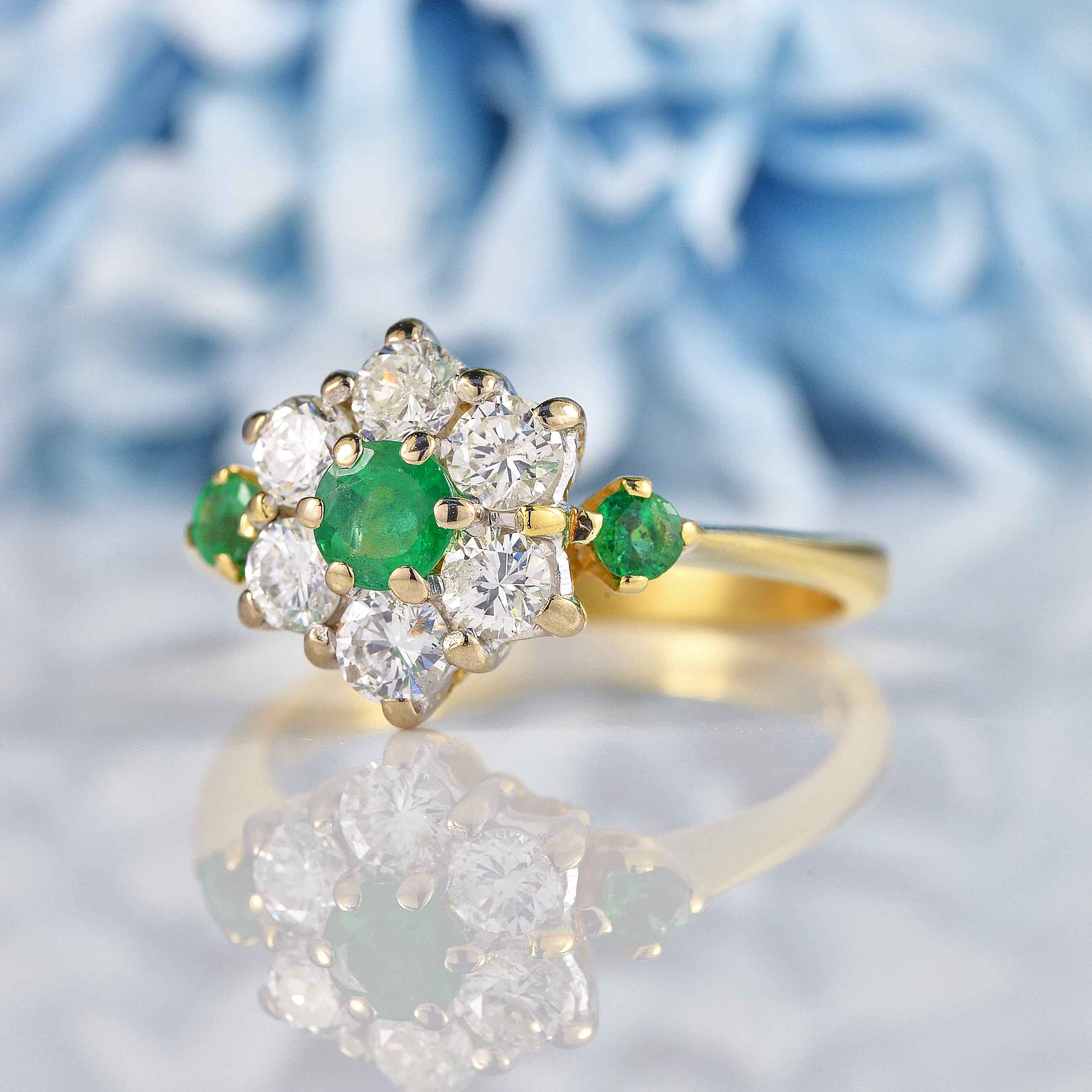 Ellibelle Jewellery Vintage Emerald & Diamond 18ct Gold Daisy Cluster Ring